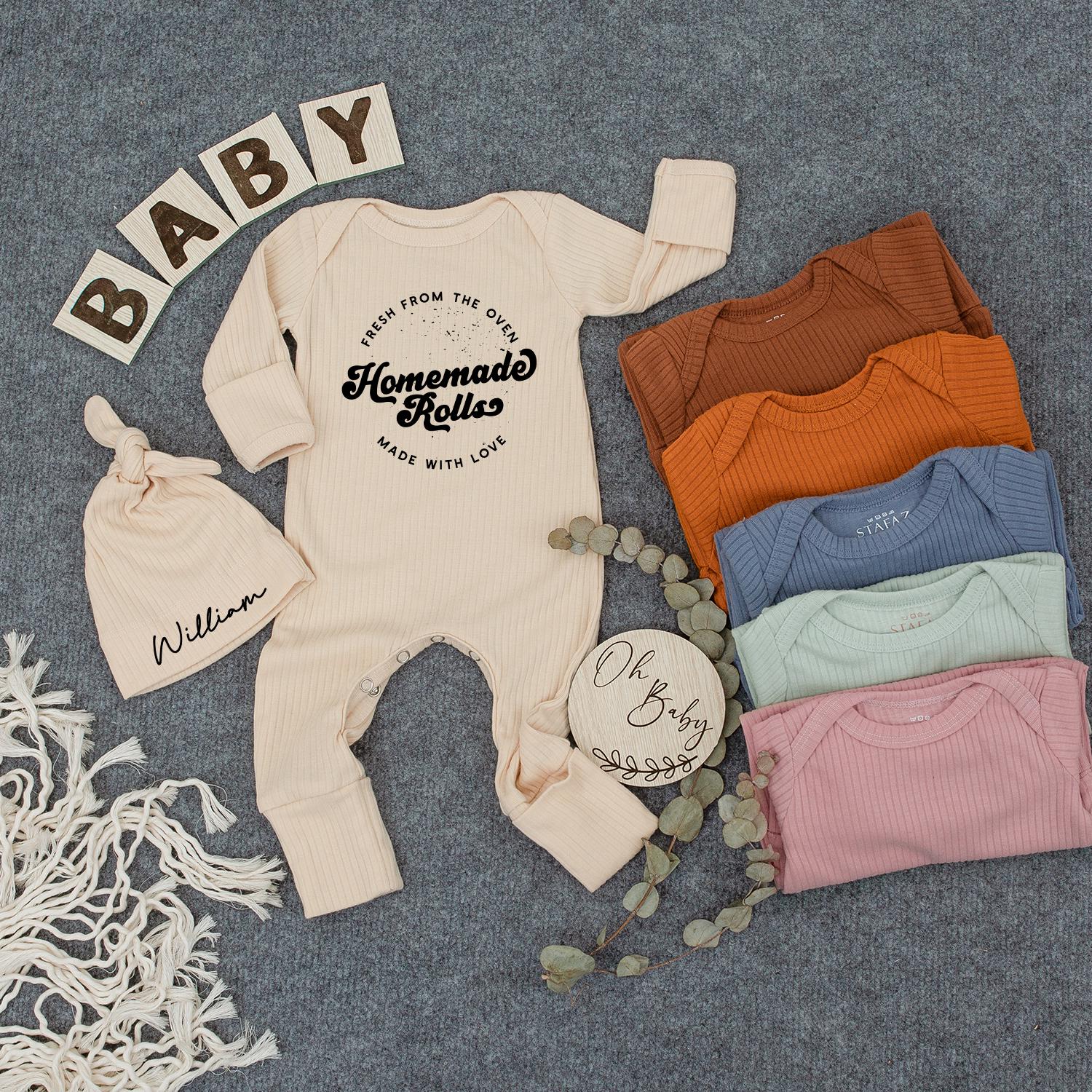 Homemade Rolls Retro Baby Bodysuit and Hat Set Personalized Jumpsuit Gift Soft Cotton Comfortable Outfit for Baby Showers and More