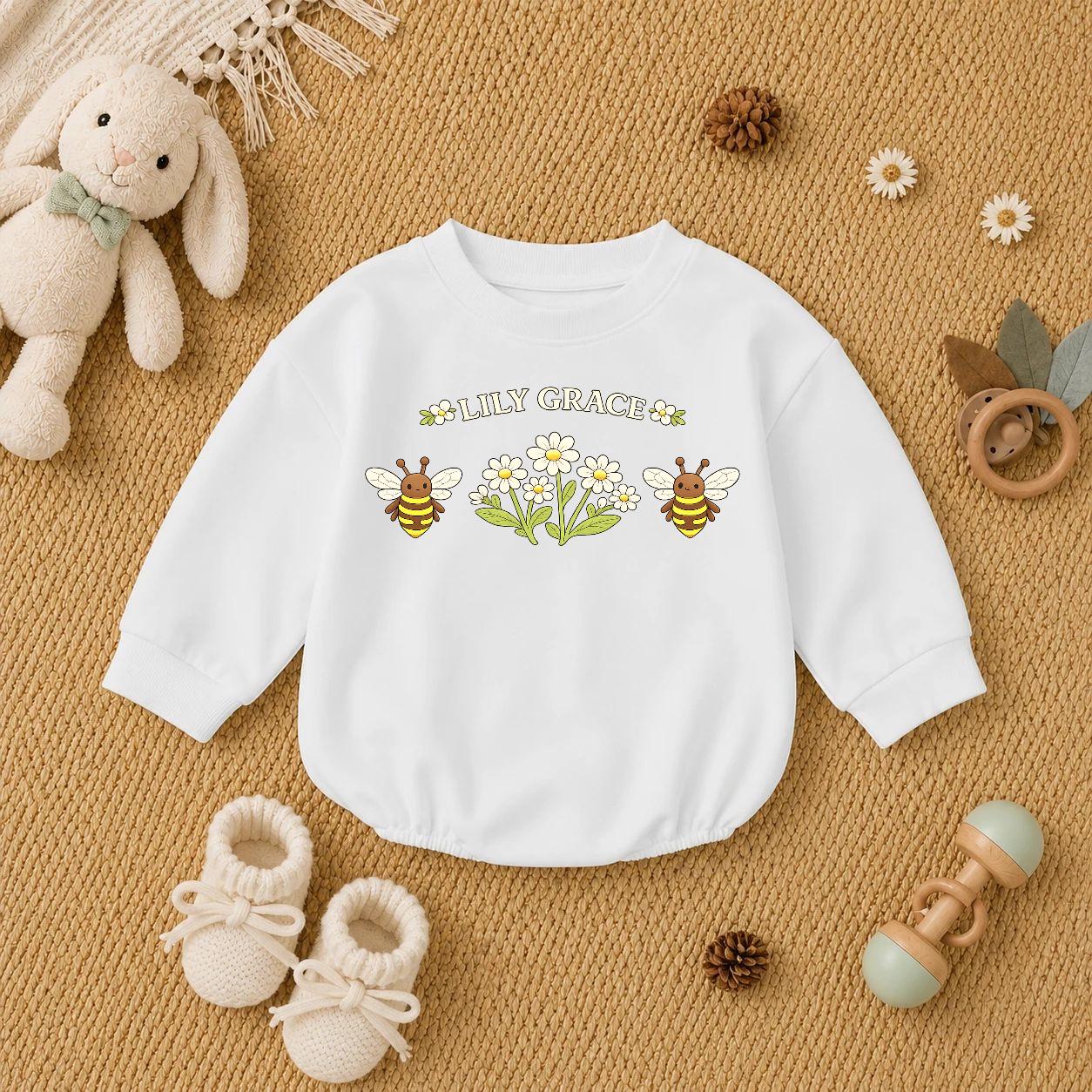 Honey Bee & Daisy Baby Romper with Custom Name, Spring Floral Infant Outfit, Cute Baby Shower Gift for Girls