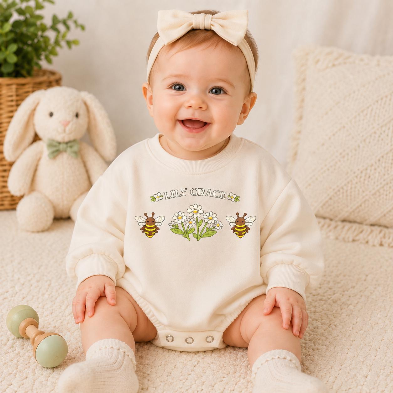 Honey Bee & Daisy Baby Romper with Custom Name, Spring Floral Infant Outfit, Cute Baby Shower Gift for Girls