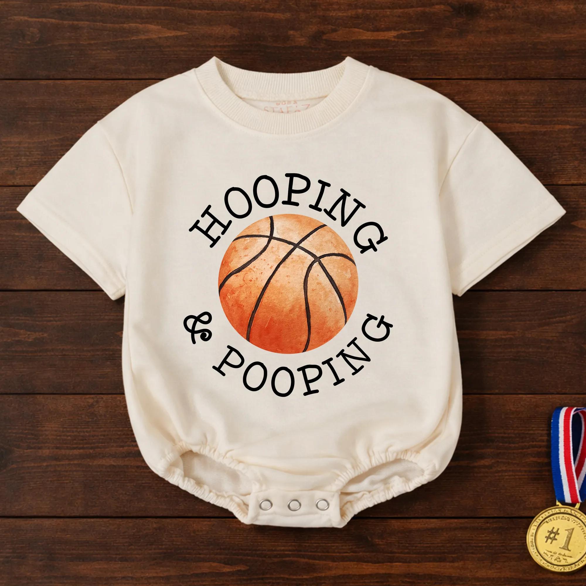 Hooping & Pooping Baby Romper with Basketball Graphic, Funny Infant Outfit for Game Day, Newborn Shower Gift or Sports Fan Baby