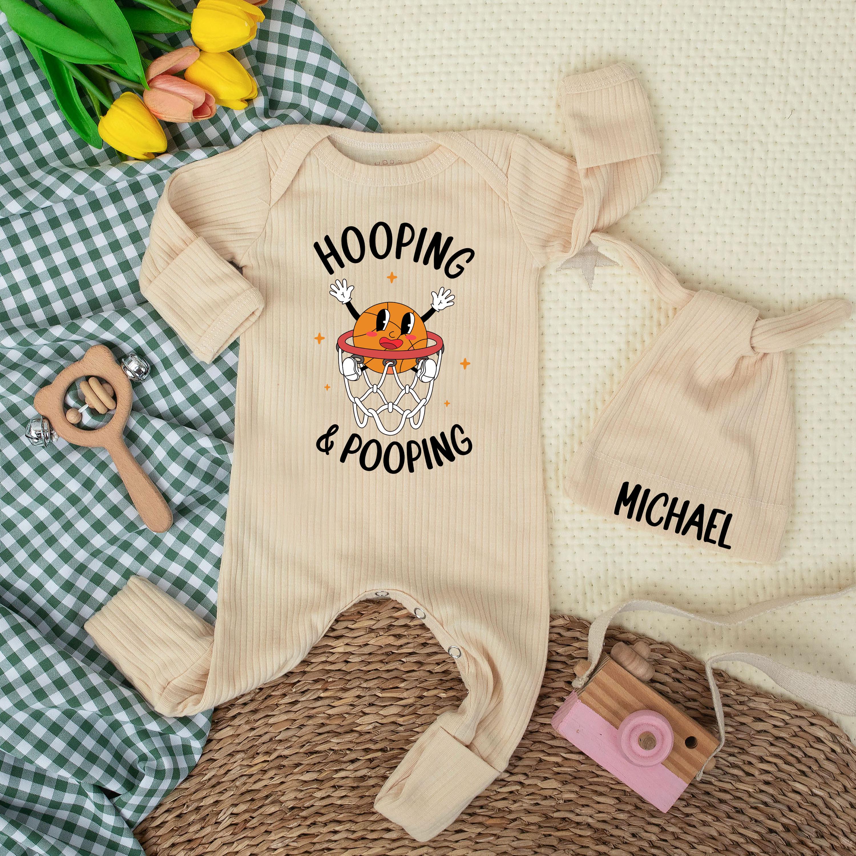 Hooping & Pooping Basketball Baby Bodysuit and Custom Name Hat, Funny Newborn Outfit, Sports Baby Shower Gift, Infant Romper Set