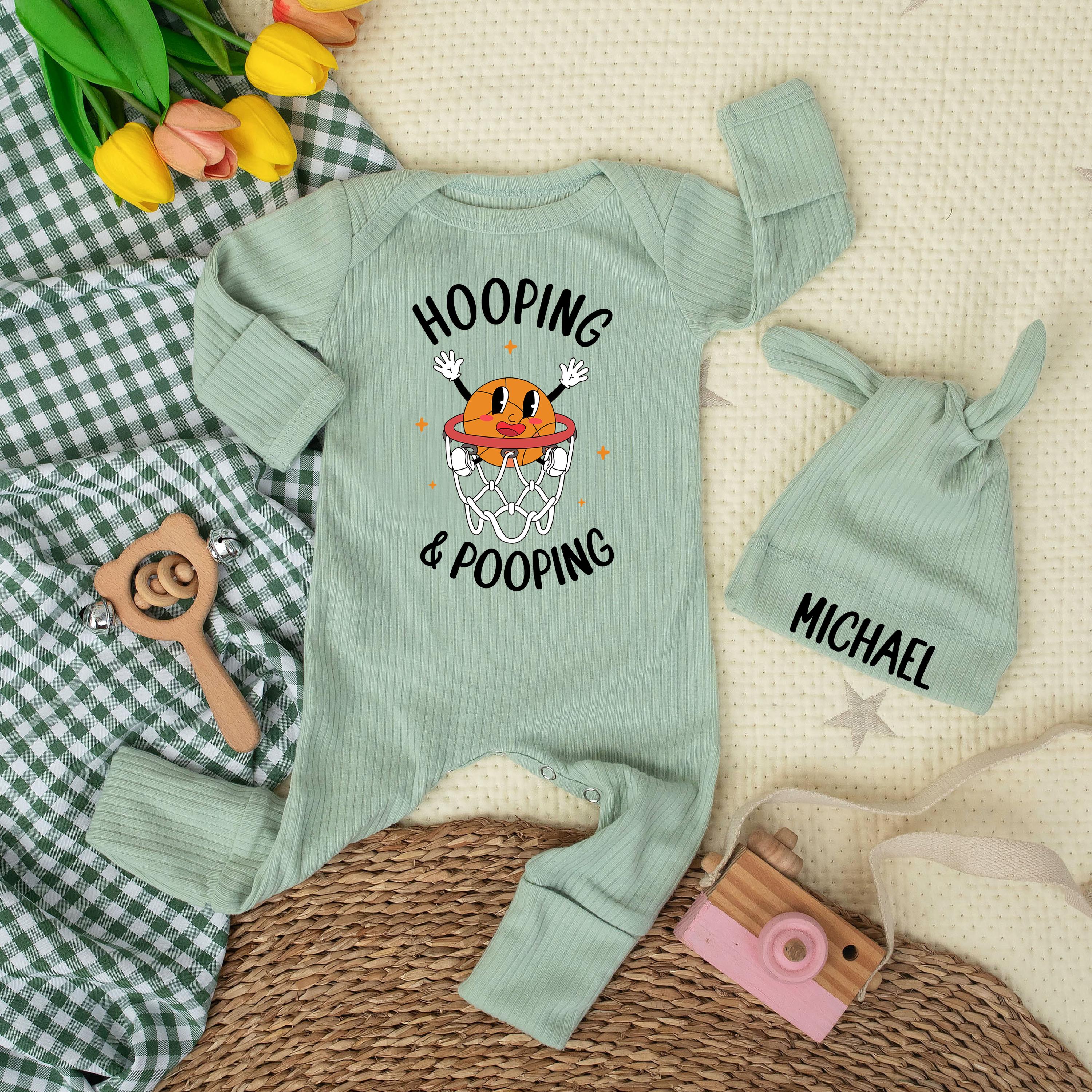 Hooping & Pooping Basketball Baby Bodysuit and Custom Name Hat, Funny Newborn Outfit, Sports Baby Shower Gift, Infant Romper Set