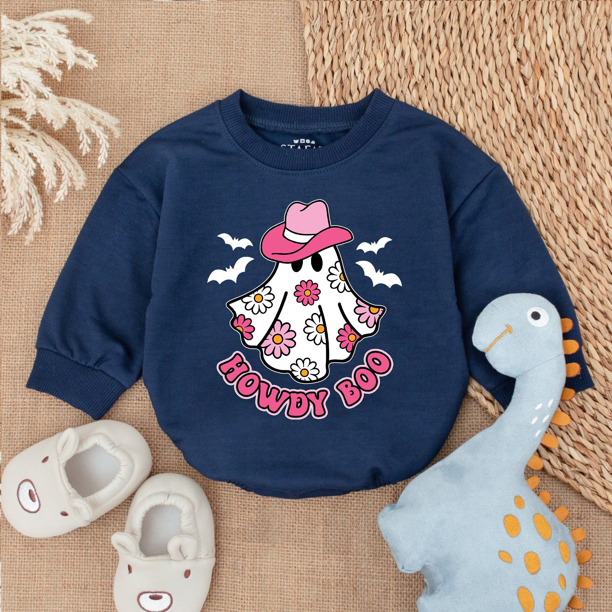 Howdy Boo Baby Girl Halloween Bodysuit with Ghost in Pink Cowboy Hat Floral Design Fun Romper Comfortable Gift for First Celebration
