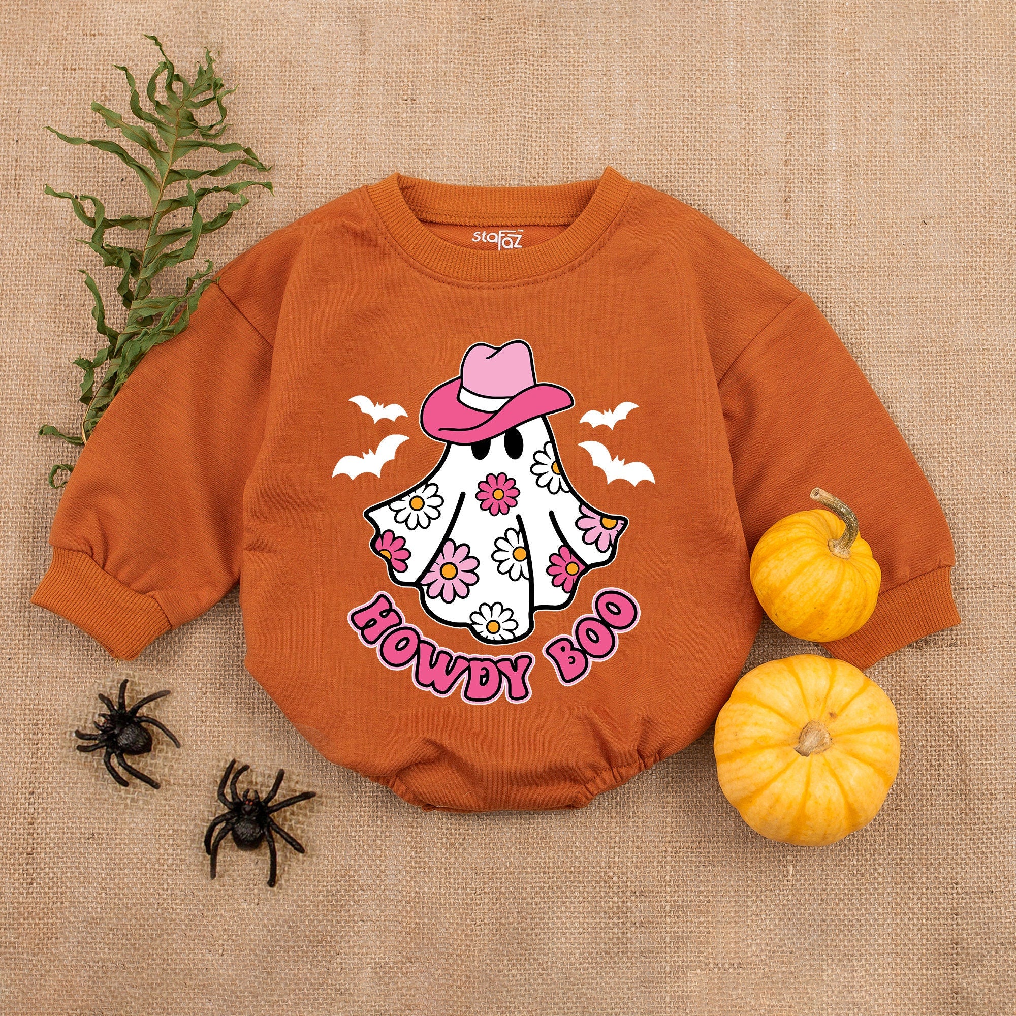 Howdy Boo Baby Girl Halloween Bodysuit with Ghost in Pink Cowboy Hat Floral Design Fun Romper Comfortable Gift for First Celebration