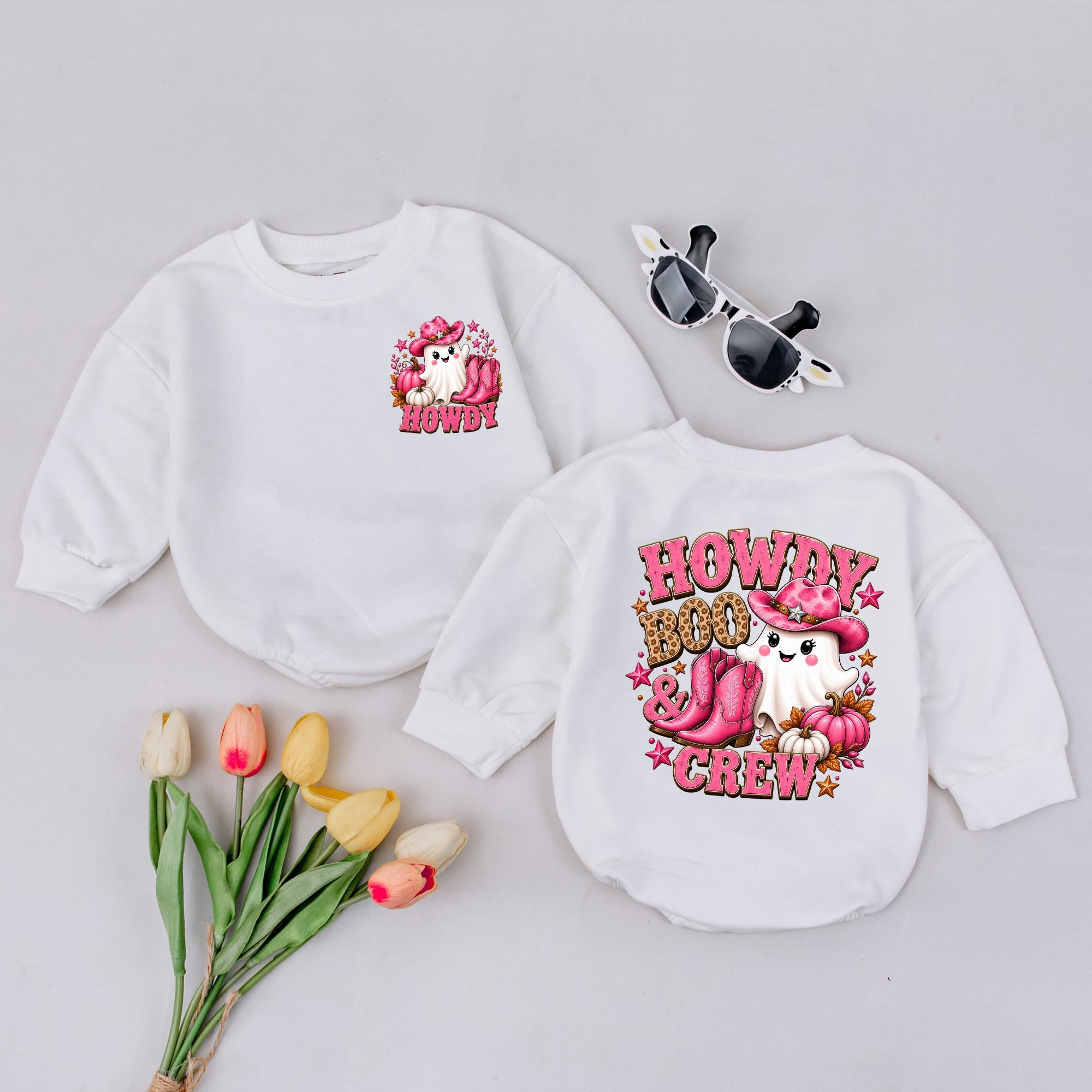 Howdy Boo Crew Baby Bubble Romper with Cute Ghost and Pumpkin Design, Halloween Infant Outfit for Fall Pumpkin Patch Photos