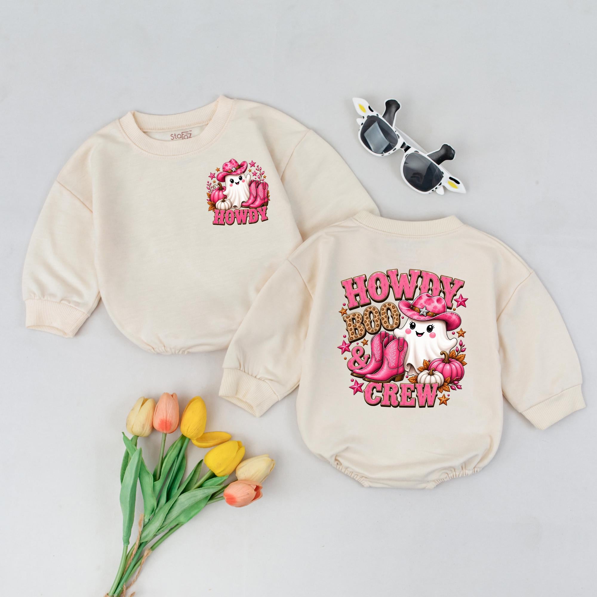Howdy Boo Crew Baby Bubble Romper with Cute Ghost and Pumpkin Design, Halloween Infant Outfit for Fall Pumpkin Patch Photos