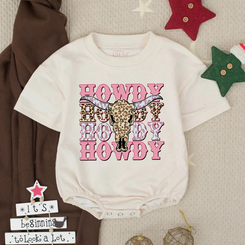 Howdy Pink Cowgirl Bubble Romper Baby Girl Western Outfit Leopard Print Rodeo Toddler Clothes Short Sleeve Cotton Baby Gift Announcement