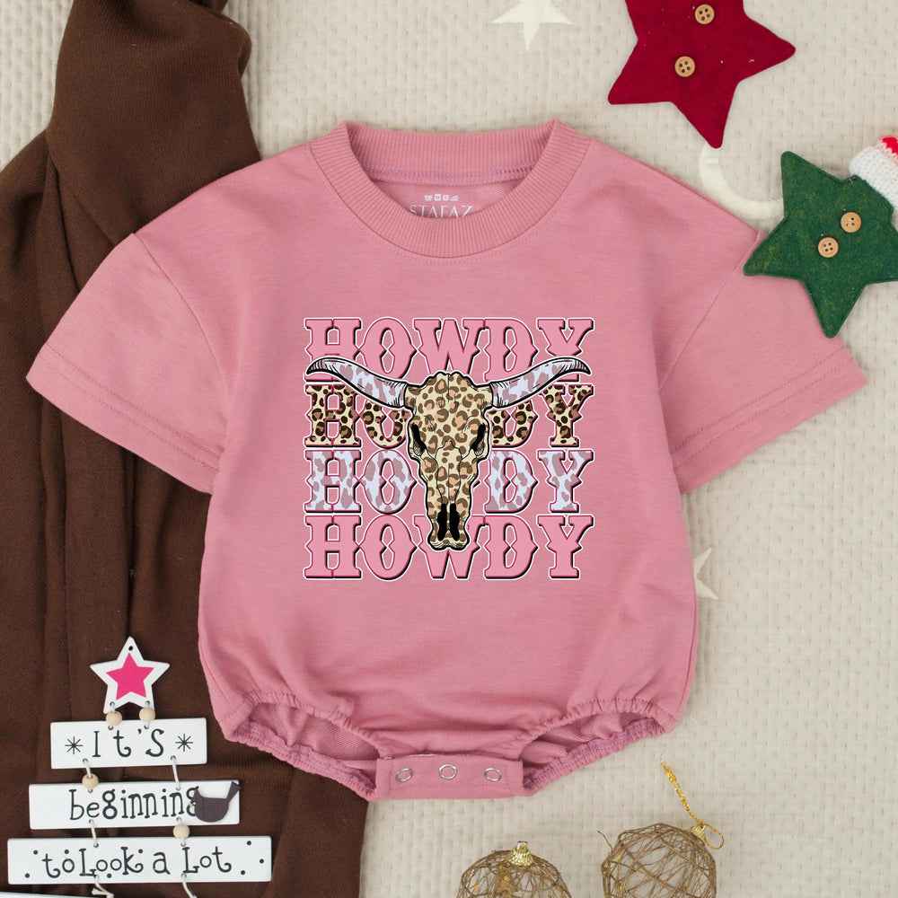 Howdy Pink Cowgirl Bubble Romper Baby Girl Western Outfit Leopard Print Rodeo Toddler Clothes Short Sleeve Cotton Baby Gift Announcement