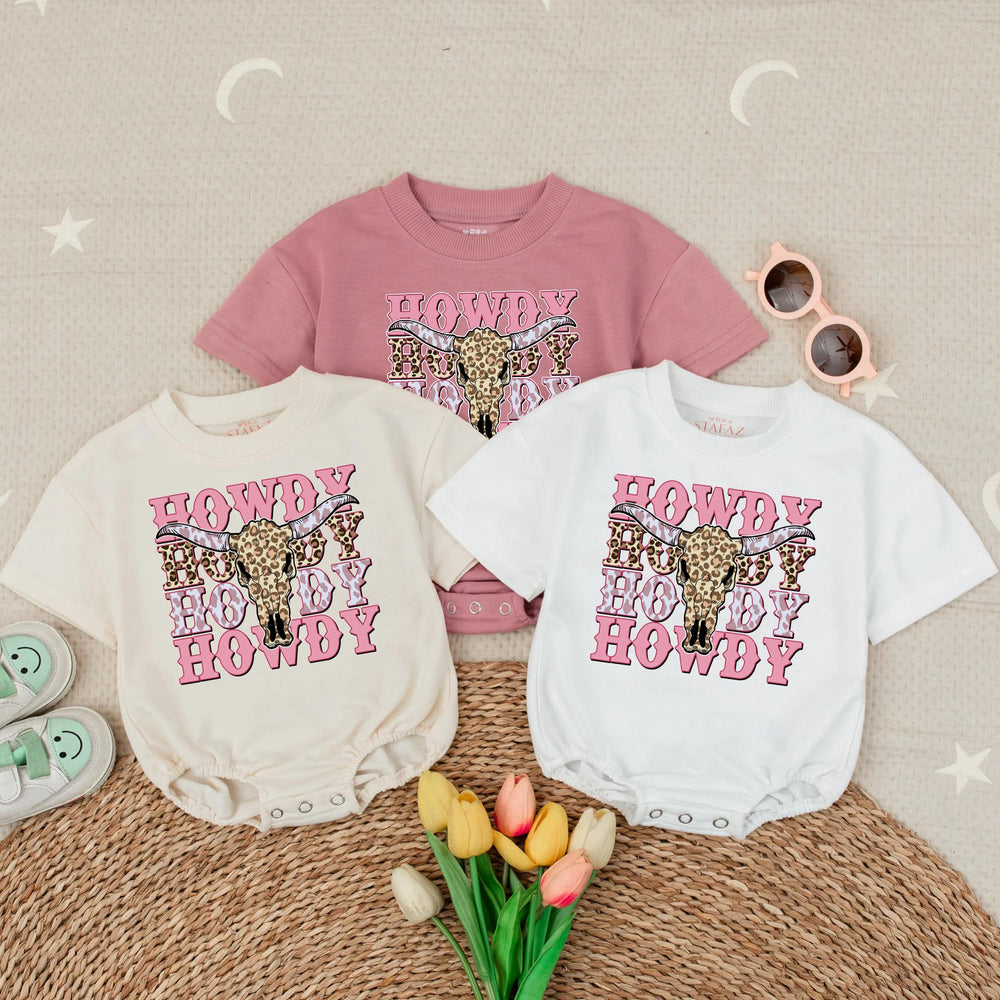Howdy Pink Cowgirl Bubble Romper Baby Girl Western Outfit Leopard Print Rodeo Toddler Clothes Short Sleeve Cotton Baby Gift Announcement