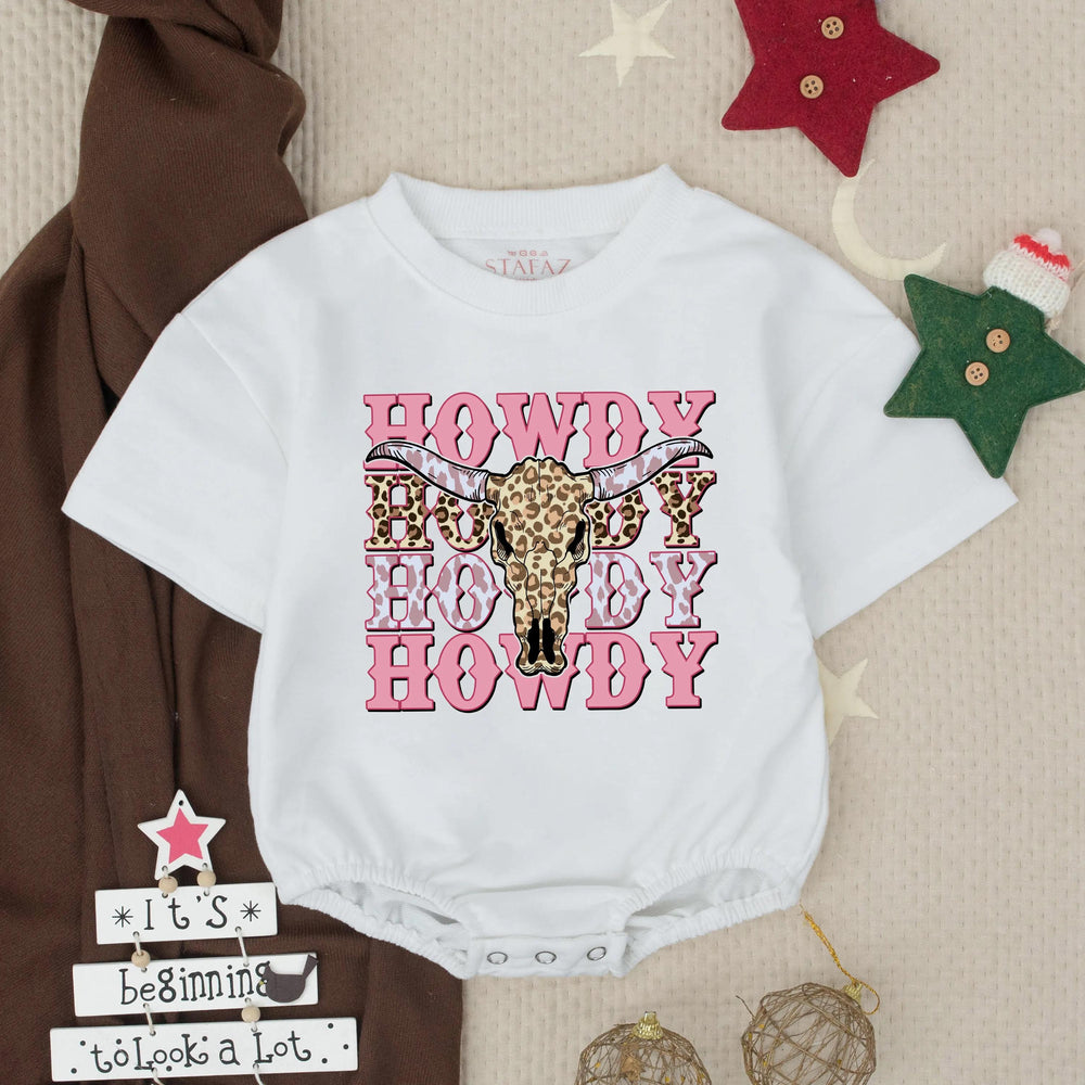 Howdy Pink Cowgirl Bubble Romper Baby Girl Western Outfit Leopard Print Rodeo Toddler Clothes Short Sleeve Cotton Baby Gift Announcement