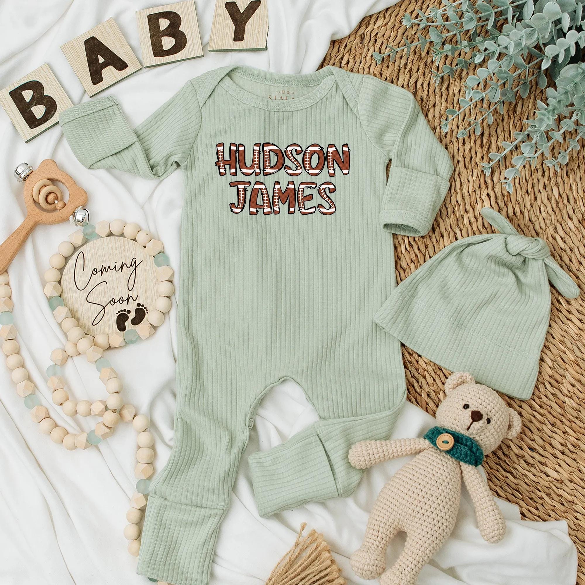 Hudson James Football Baby Bodysuit Personalized Game Day Newborn Outfit Soft Cotton Sports Design Perfect Baby Shower Gift