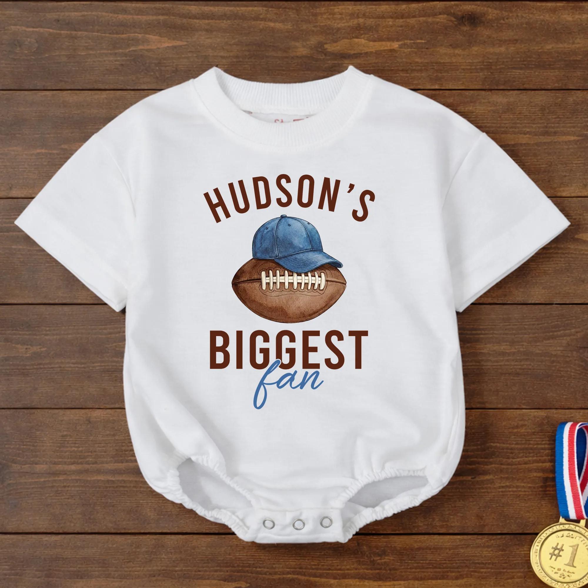 Hudson's Biggest Fan Baby Bubble Romper with Football Artwork, Custom Name Infant Outfit for Sports-Loving Families