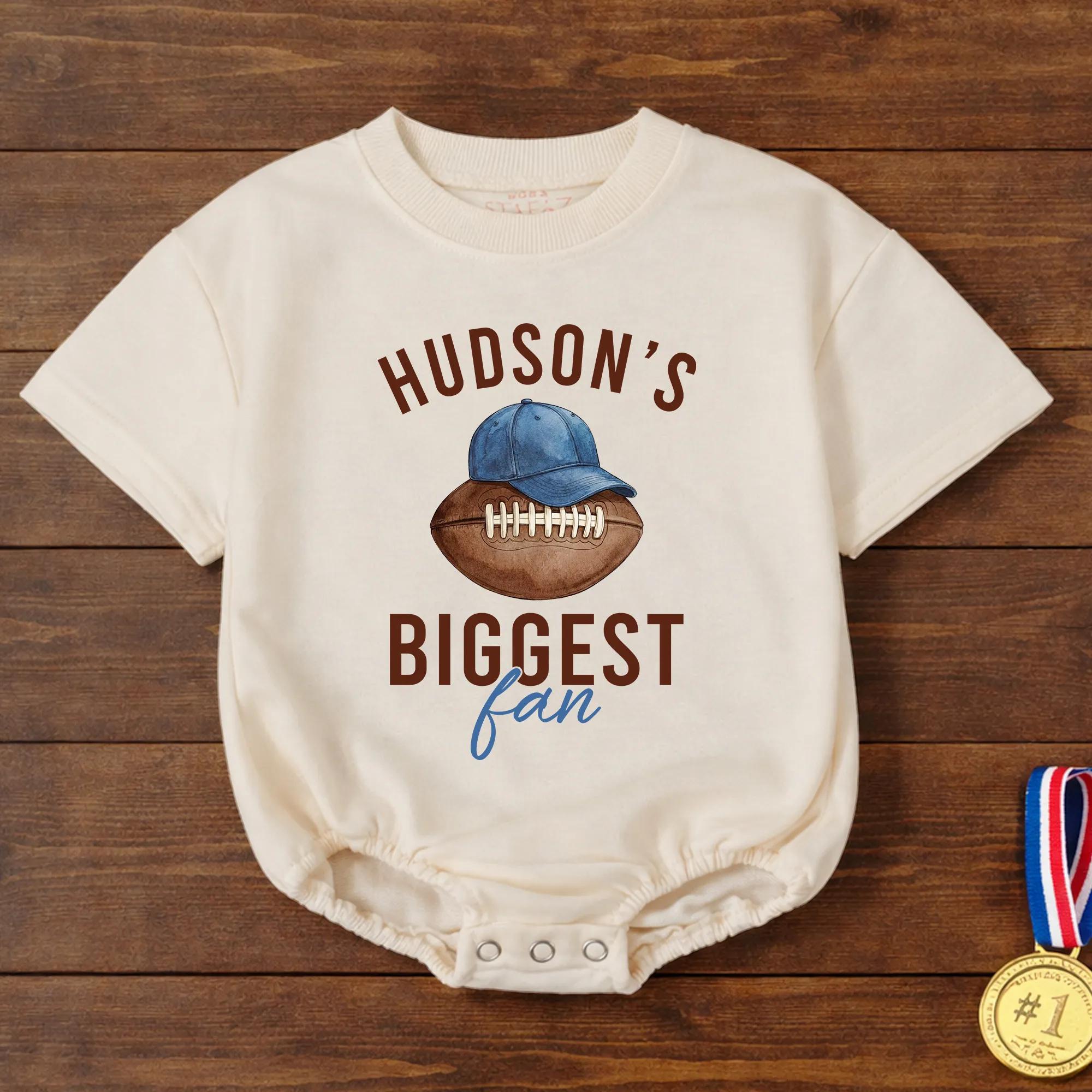 Hudson's Biggest Fan Baby Bubble Romper with Football Artwork, Custom Name Infant Outfit for Sports-Loving Families