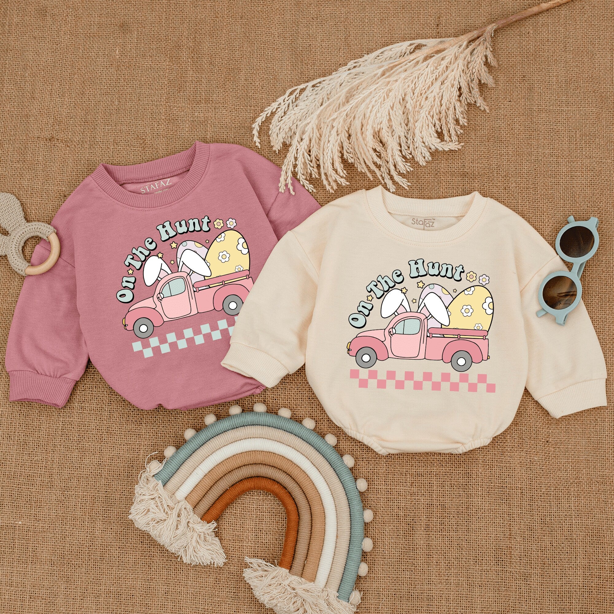 On the Hunt Easter Romper Baby Outfit Pink Truck Yellow Egg Toddler Christian Holiday Clothes Soft Cotton Festive Bunny Kids Wear