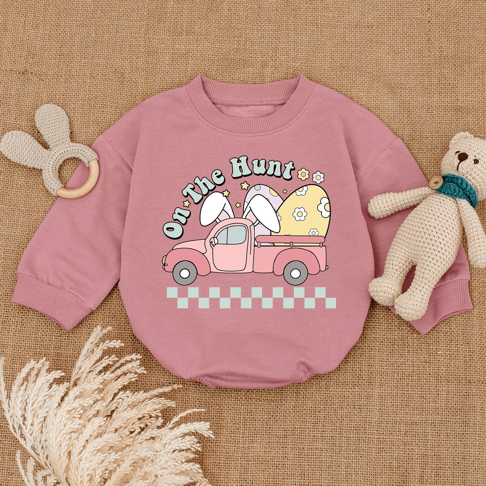On the Hunt Easter Romper Baby Outfit Pink Truck Yellow Egg Toddler Christian Holiday Clothes Soft Cotton Festive Bunny Kids Wear