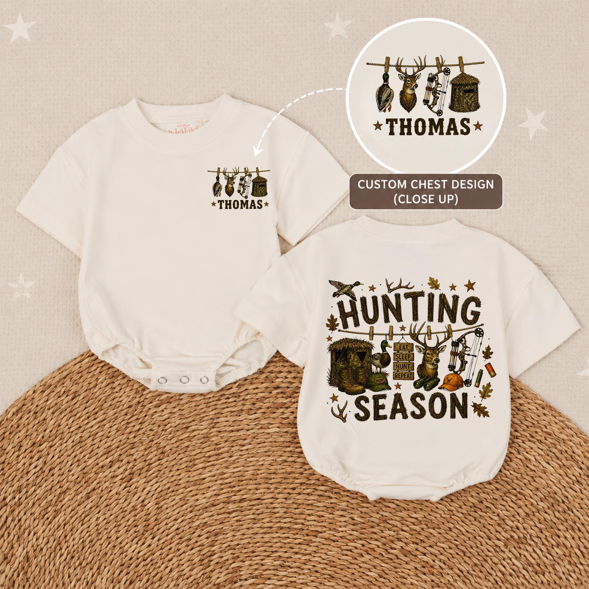 Hunting Season Baby Romper with Deer and Duck Artwork, Custom Name Chest Design, Newborn Coming Home Outfit for Baby Boy