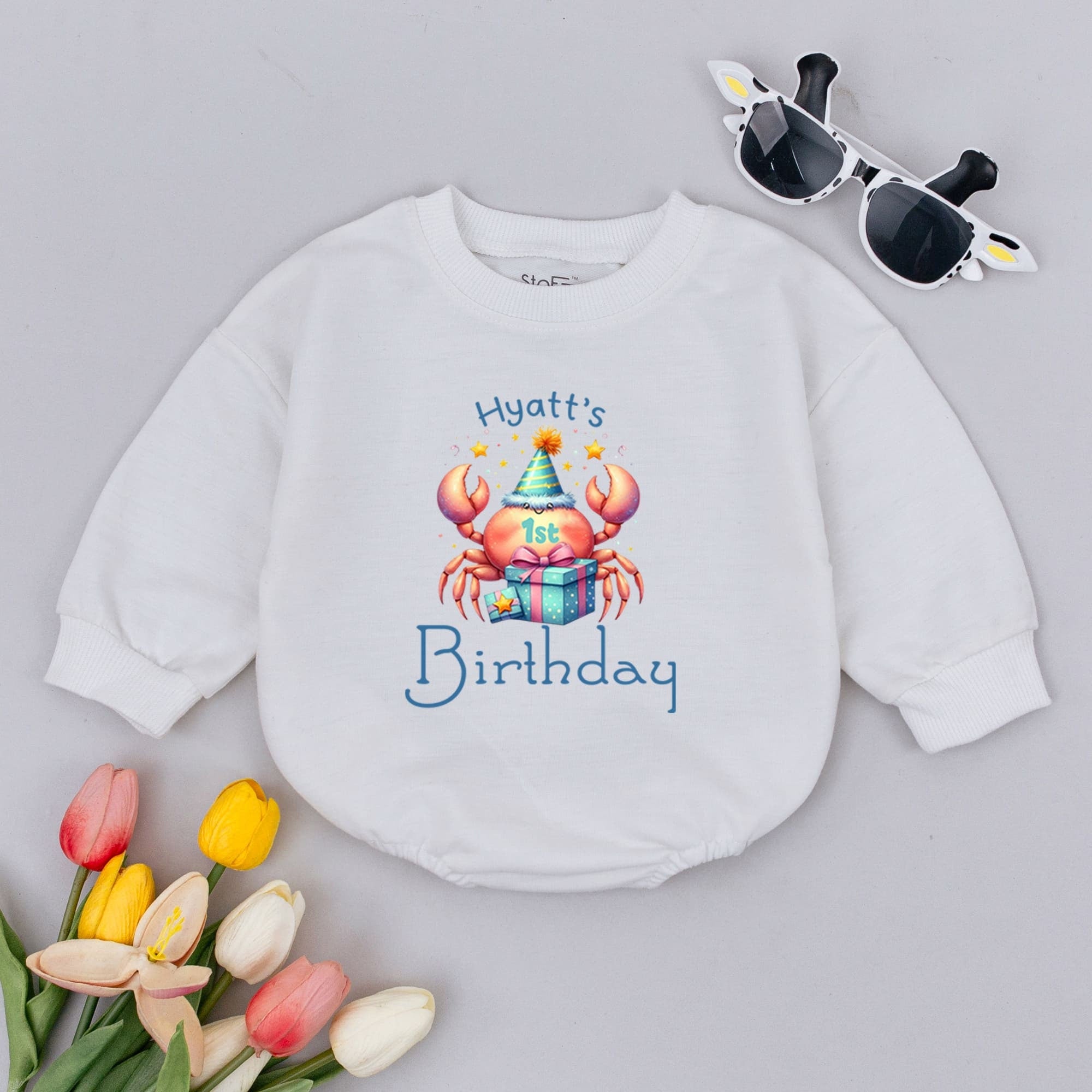 Hyatt's 1st Birthday Crab Romper with Gift Box Design Baby Party Outfit Soft Cotton Playful Gender Neutral Celebration Attire