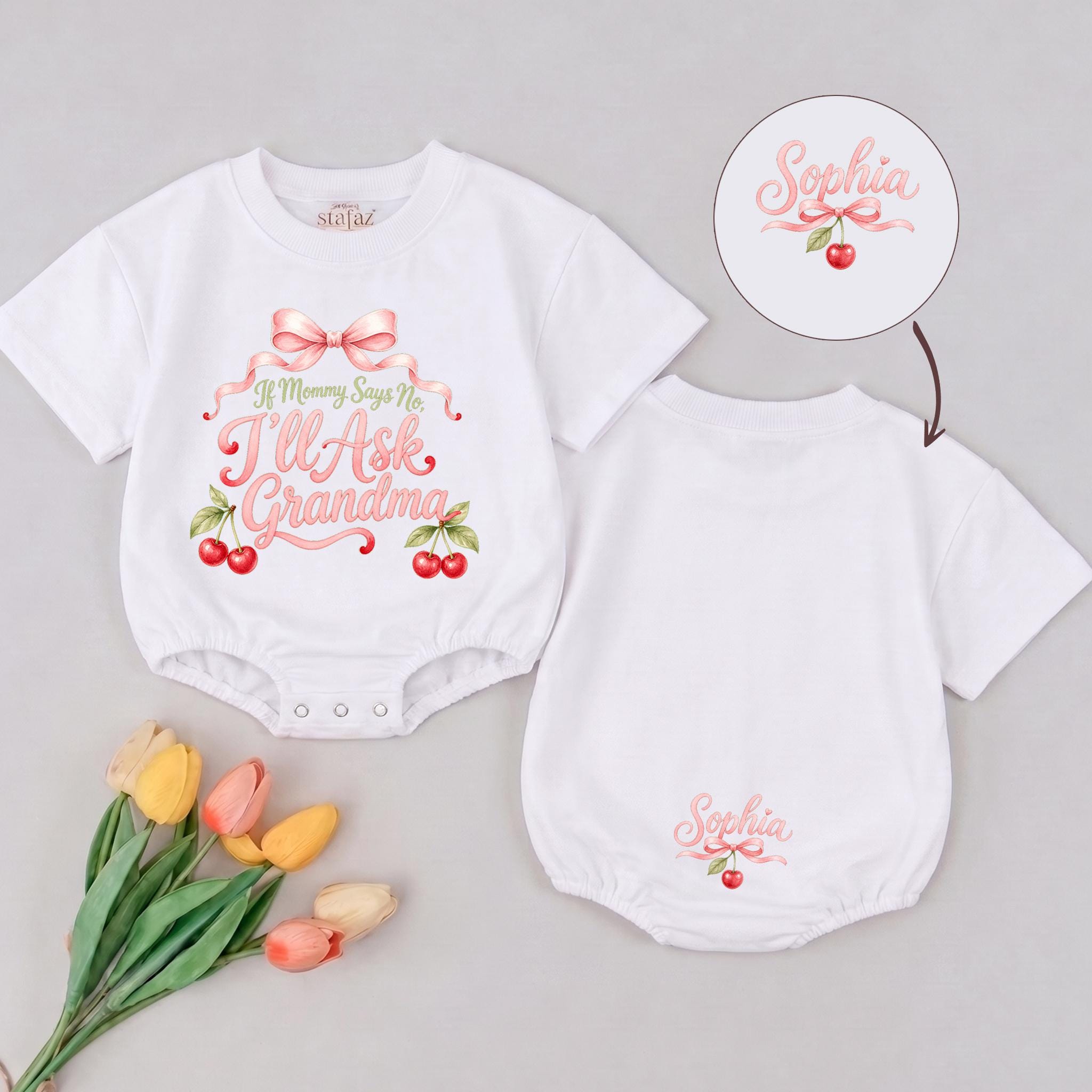 If Mommy Says No I'll Ask Grandma Baby Girl Romper with Cherry Design, Custom Name, Cute Coquette Baby Shower Gift
