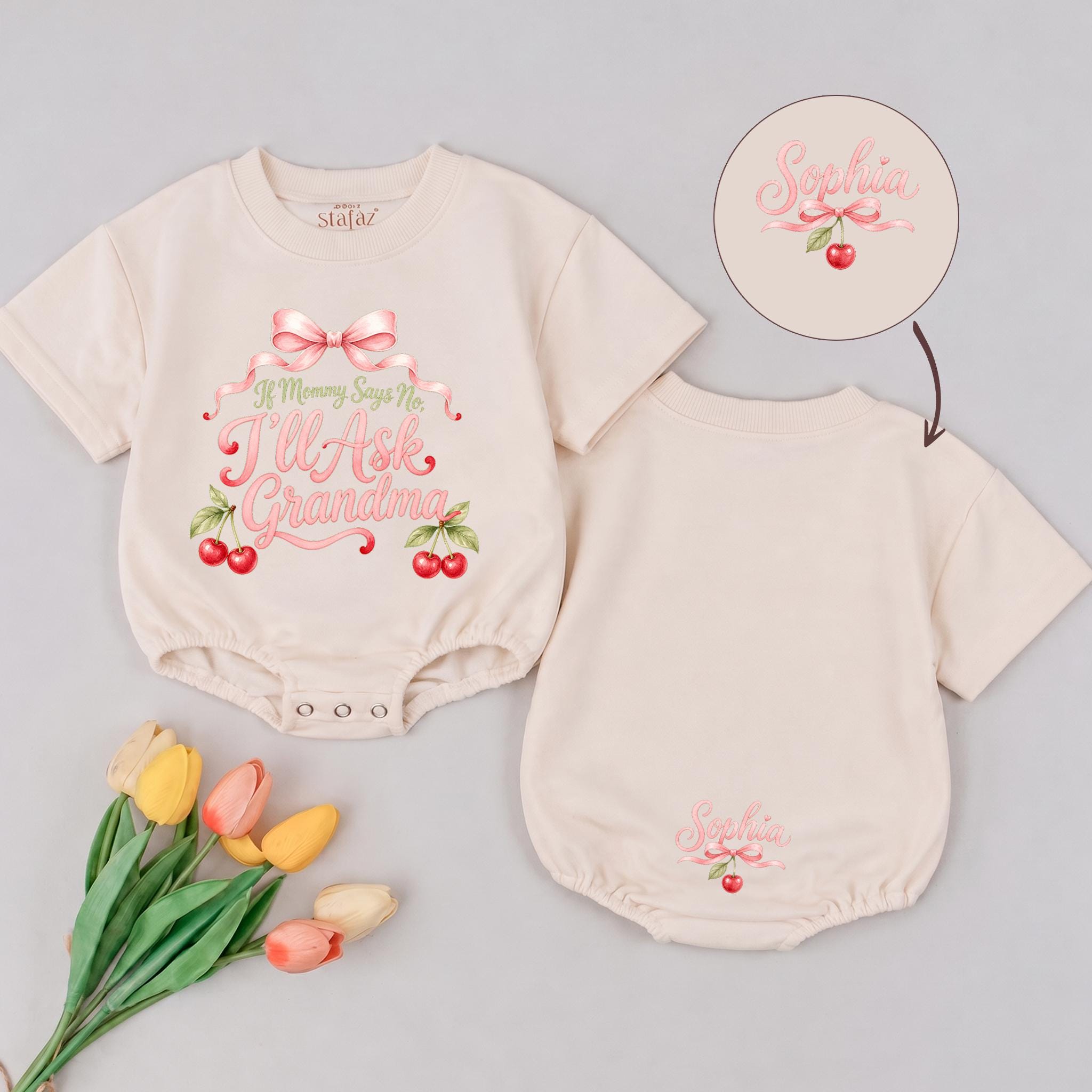 If Mommy Says No I'll Ask Grandma Baby Girl Romper with Cherry Design, Custom Name, Cute Coquette Baby Shower Gift