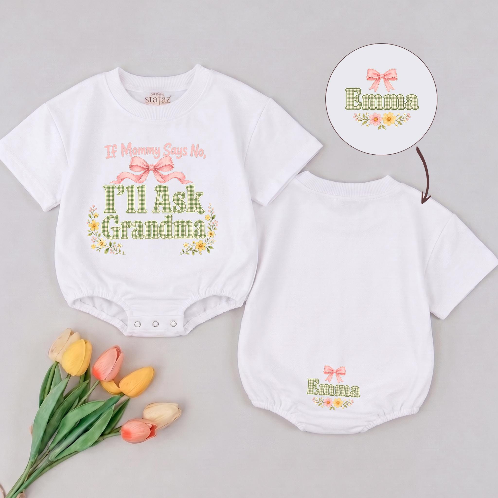 If Mommy Says No I'll Ask Grandma Baby Girl Romper with Floral Gingham Design and Custom Name, First Grandchild Gift Outfit