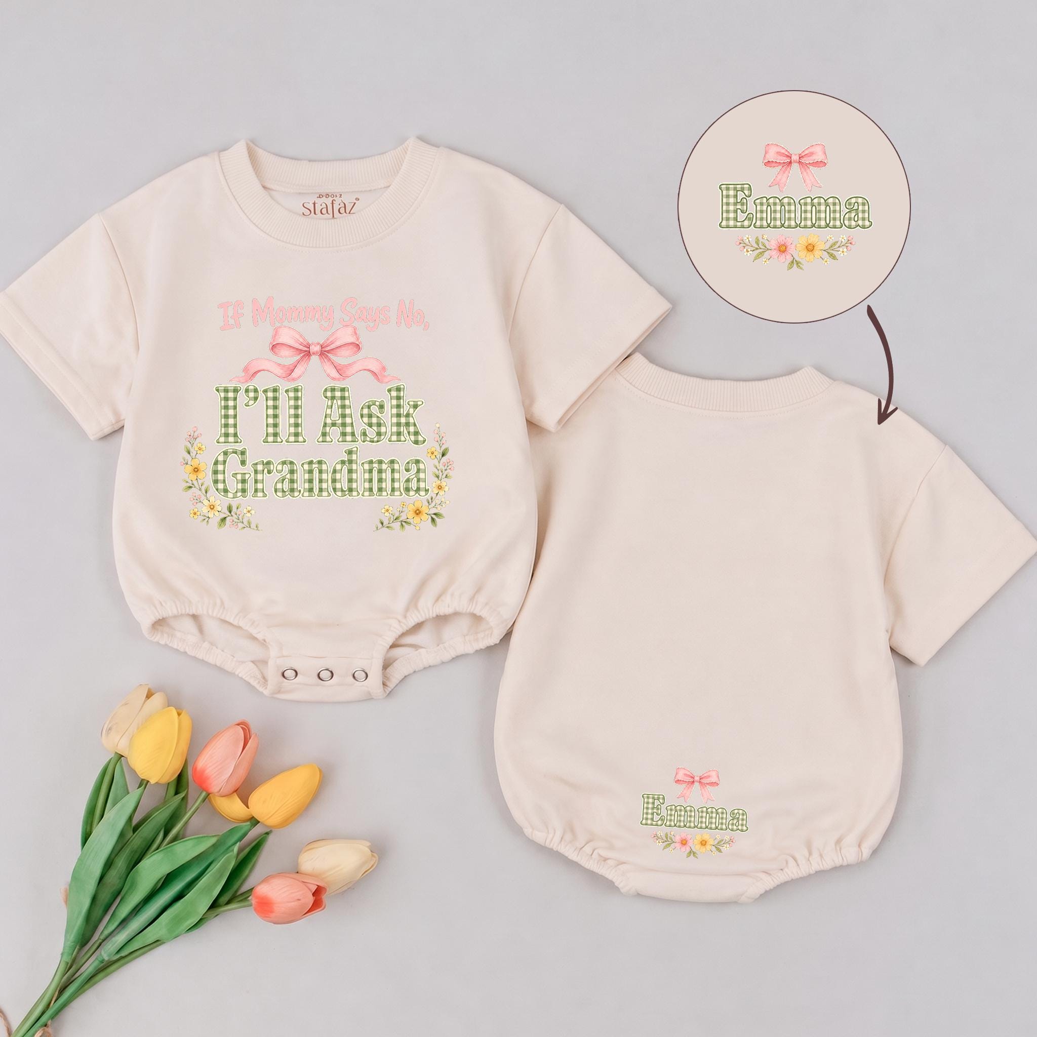If Mommy Says No I'll Ask Grandma Baby Girl Romper with Floral Gingham Design and Custom Name, First Grandchild Gift Outfit