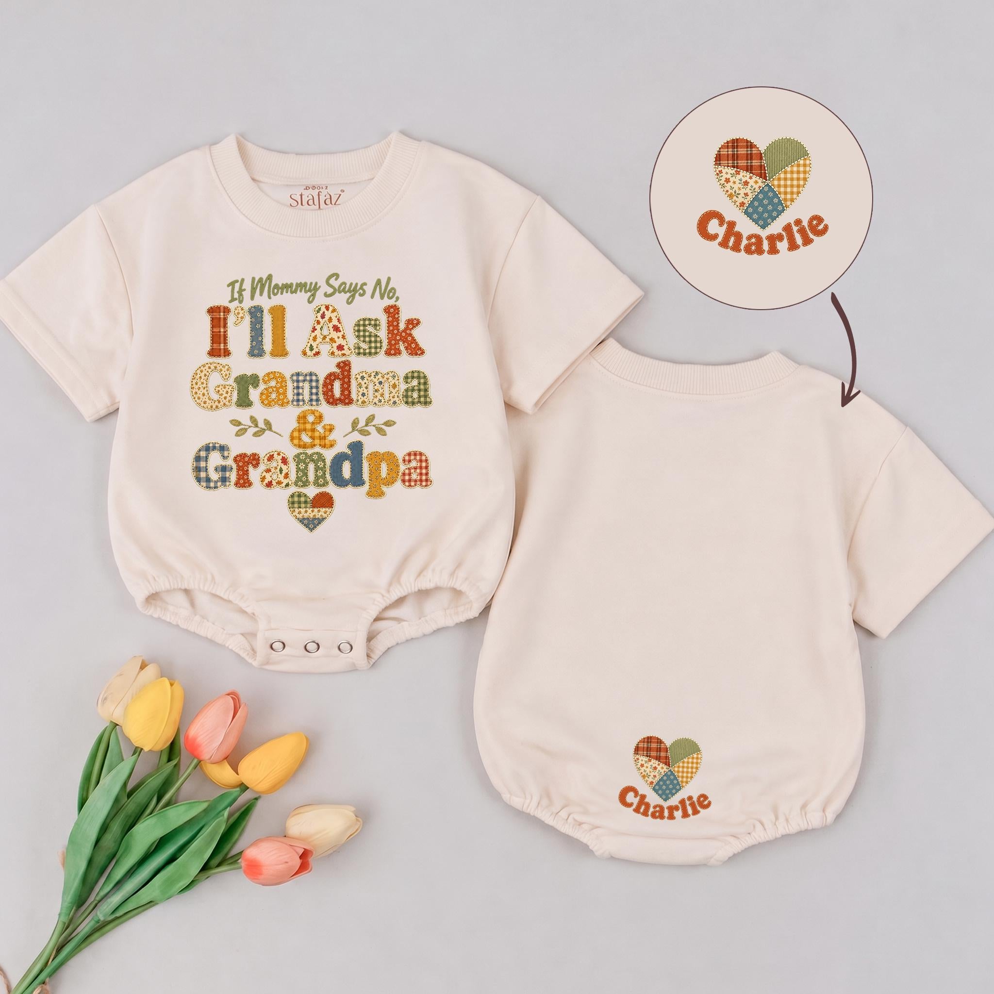 'If Mommy Says No I'll Ask Grandma & Grandpa' Baby Romper with Custom Name, Cute Short Sleeve Infant Outfit for Grandparents