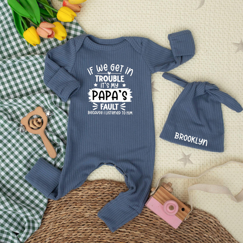 If We Get in Trouble It's Papa's Fault Baby Bodysuit with Custom Hat, Funny Newborn Outfit Gift, Cute Baby Clothes for New Dad or Papa