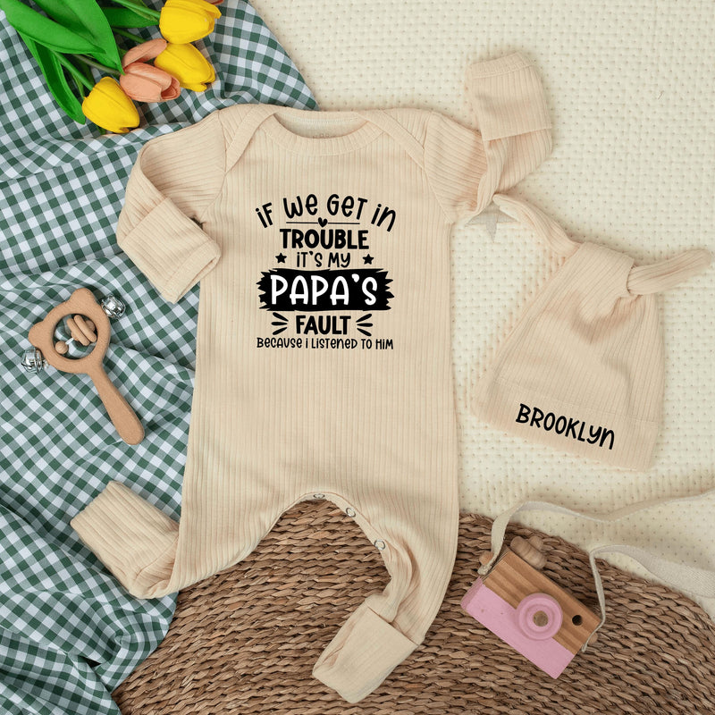 If We Get in Trouble It's Papa's Fault Baby Bodysuit with Custom Hat, Funny Newborn Outfit Gift, Cute Baby Clothes for New Dad or Papa