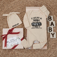 If We Get in Trouble It's Papa's Fault Baby Bodysuit with Custom Hat, Funny Newborn Outfit Gift, Cute Baby Clothes for New Dad or Papa