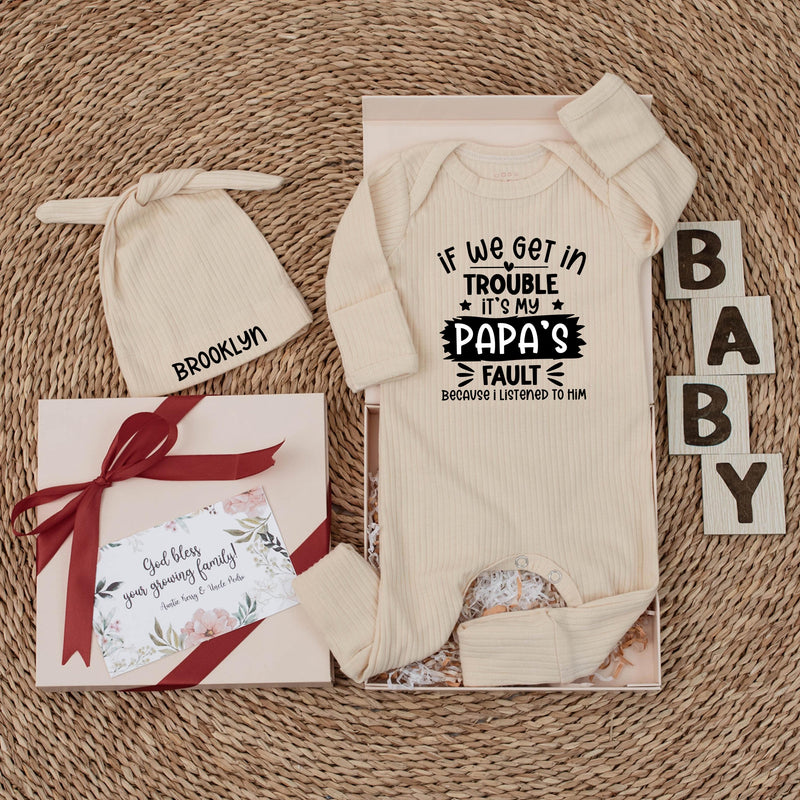 If We Get in Trouble It's Papa's Fault Baby Bodysuit with Custom Hat, Funny Newborn Outfit Gift, Cute Baby Clothes for New Dad or Papa
