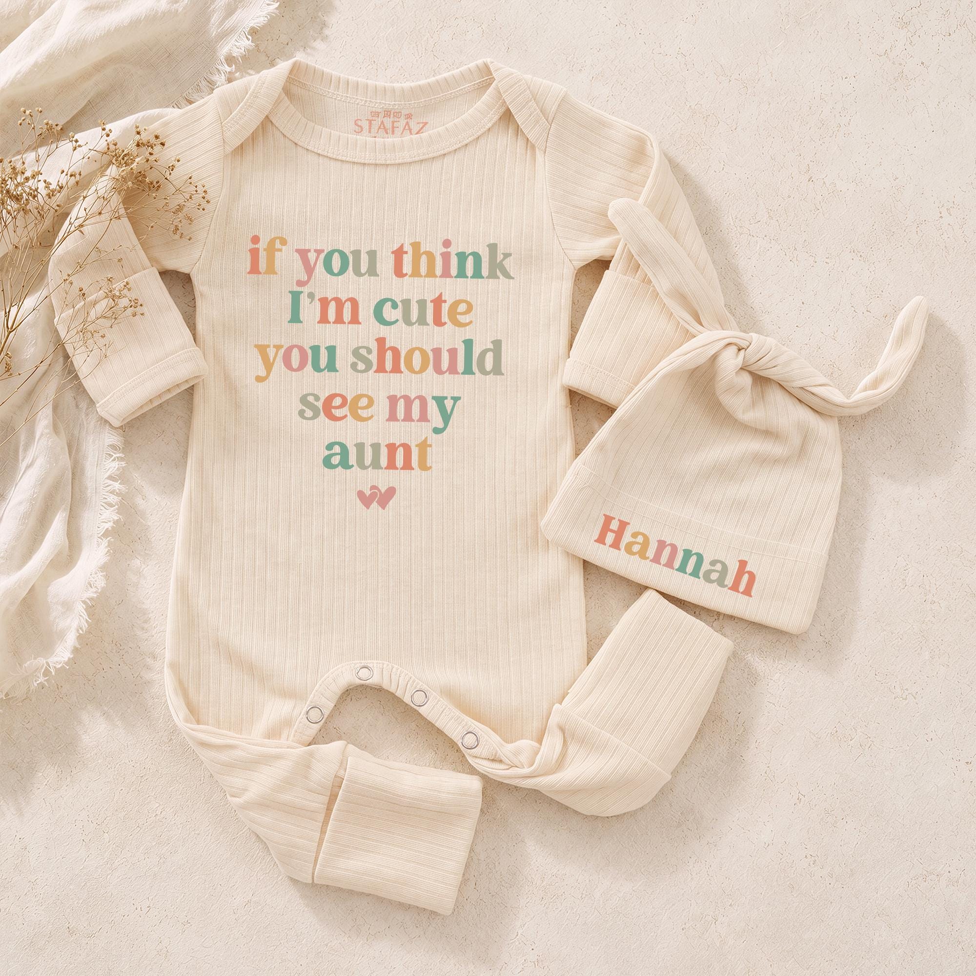 If You Think I'm Cute You Should See My Aunt Baby Bodysuit and Custom Name Hat, Newborn Coming Home Outfit, Baby Shower Gift