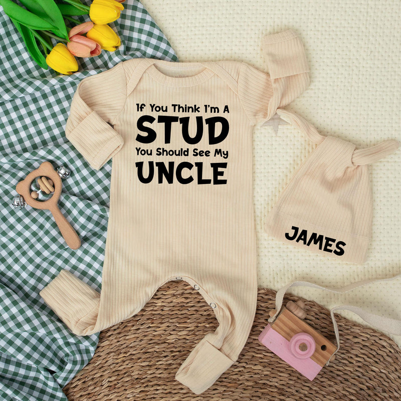 If You Think I’m A Stud Baby Bodysuit Funny Outfit for Newborns Gift for Uncle, Minimalist Black Typography Infant Clothes Baby Shower Present