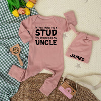 If You Think I’m A Stud Baby Bodysuit Funny Outfit for Newborns Gift for Uncle, Minimalist Black Typography Infant Clothes Baby Shower Present