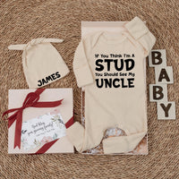 If You Think I’m A Stud Baby Bodysuit Funny Outfit for Newborns Gift for Uncle, Minimalist Black Typography Infant Clothes Baby Shower Present