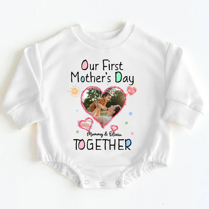 Personalized Our First Mother's Day Romper Baby Girl Bodysuit Heart Photo Design with Mommy & Baby Names Pastel Sun Comfortable Gift