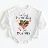 Personalized Our First Mother's Day Romper Baby Girl Bodysuit Heart Photo Design with Mommy & Baby Names Pastel Sun Comfortable Gift