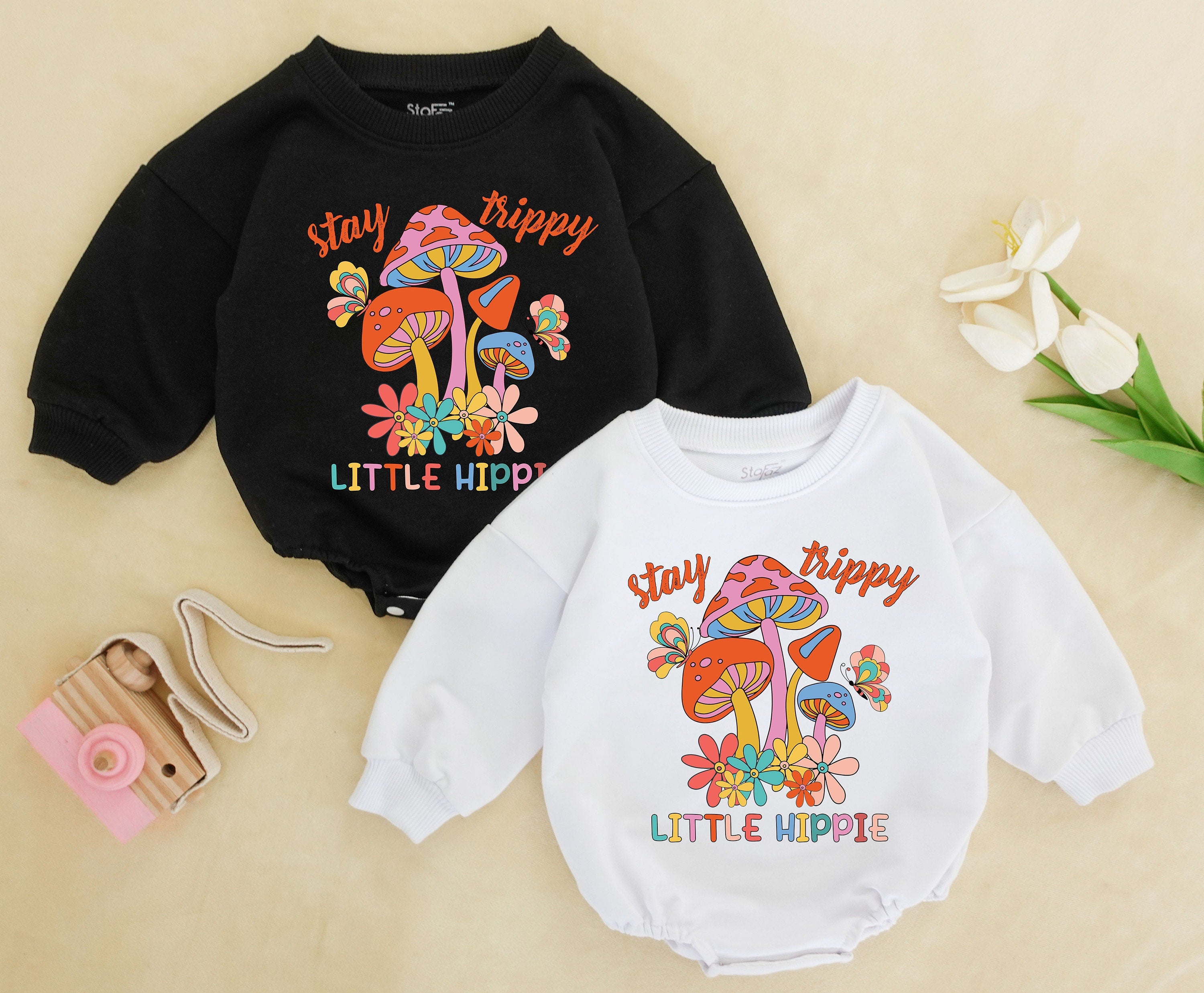 Stay Trippy Little Hippie Baby Romper Colorful Retro Mushroom Toddler Sweatshirt Soft Cotton Infant Outfit Birthday Gift