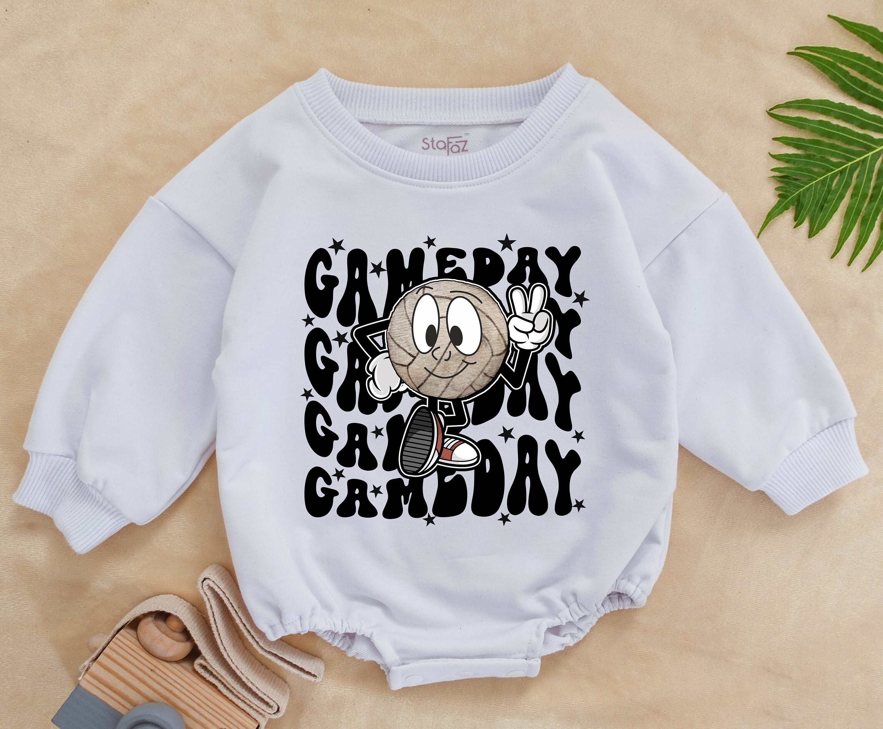 Retro Volleyball Cartoon Romper Game Day Toddler Outfit Soft Cotton Baby Bodysuit Natural Playful Design Star Accents for Kids