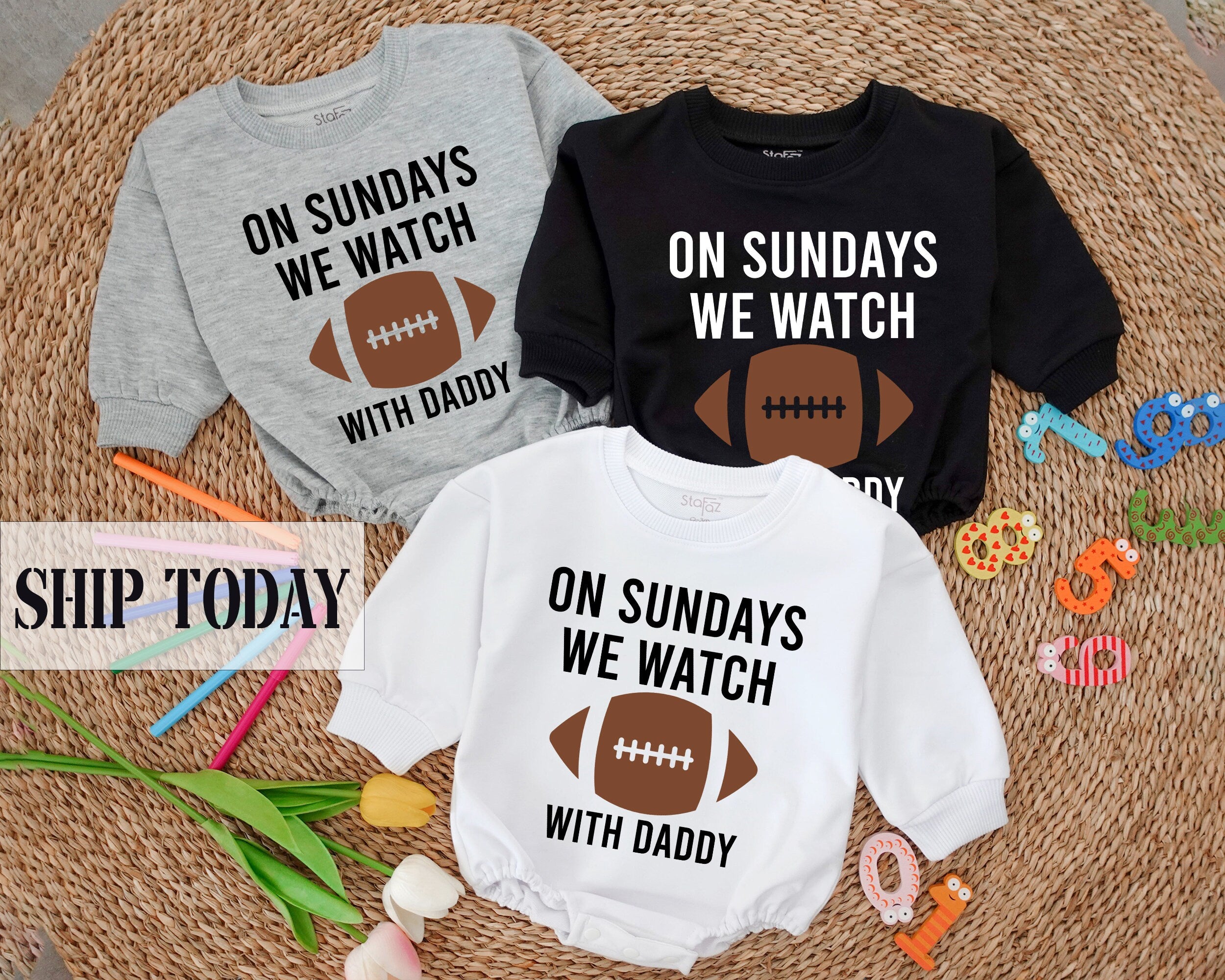 On Sundays We Watch with Daddy Football Baby Romper Cozy Cotton Outfit Infant Toddler Gift Birthday Shower Fun Brown Graphic Design