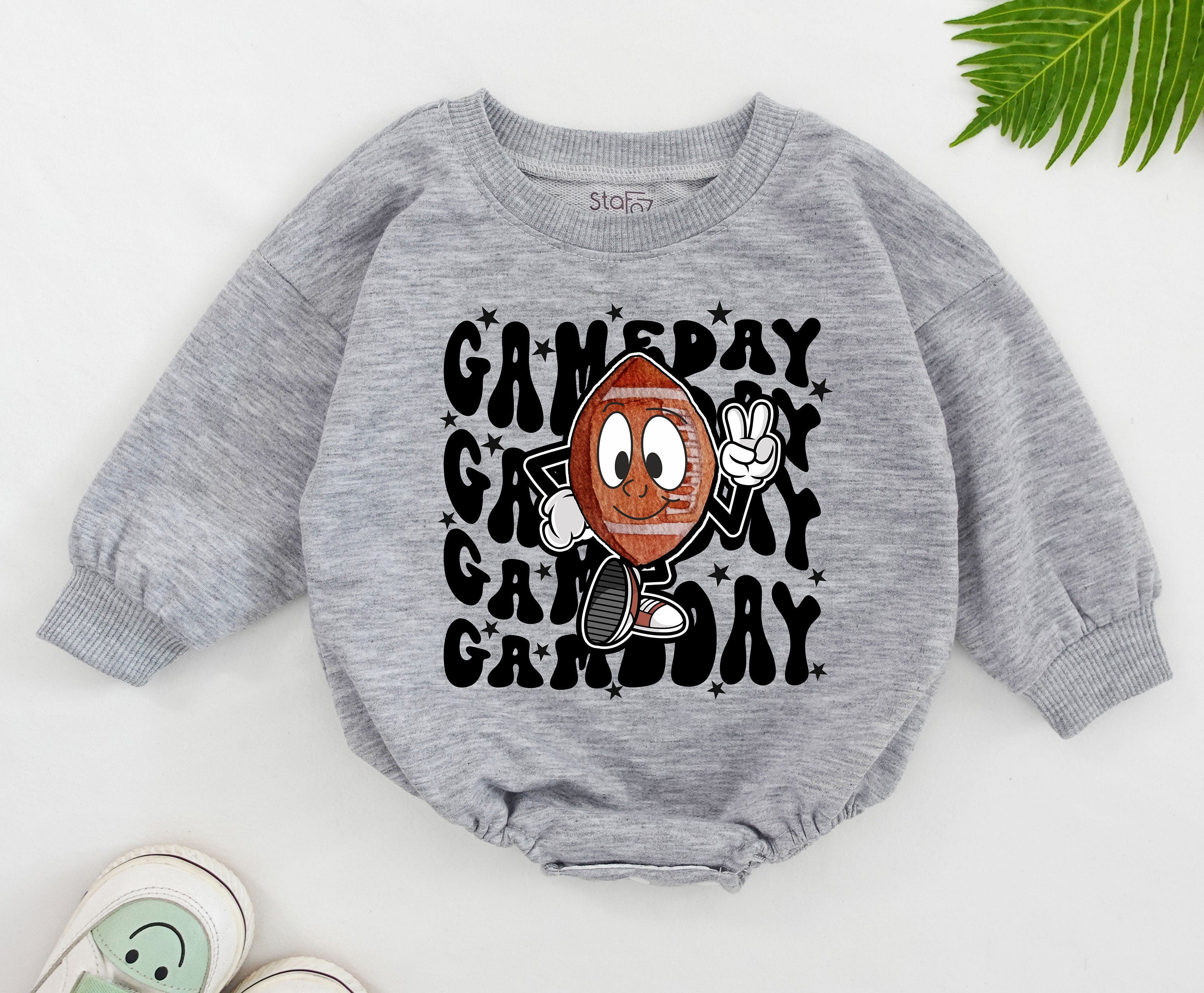 Retro Football Cartoon Romper Peace Sign Baby Toddler Outfit Fun Gameday Style Soft Cotton Infant Bodysuit Playful Vintage Design