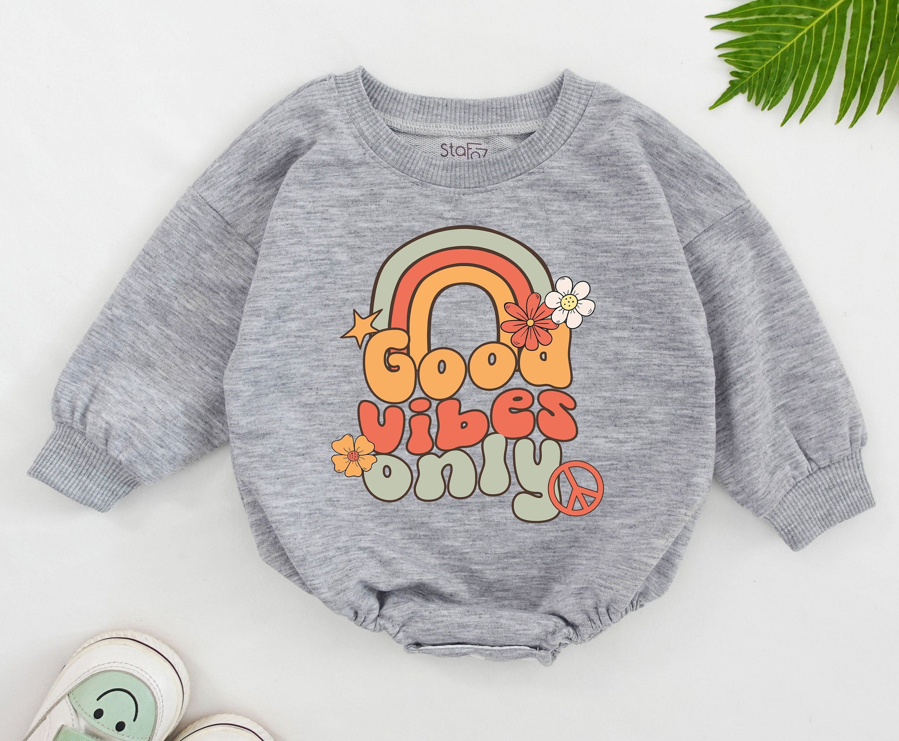 Good Vibes Only Retro Romper for Girls Hippie Trippie Birthday Outfit Baby Bodysuit Colorful Bubble Font Floral Peace Symbol Design
