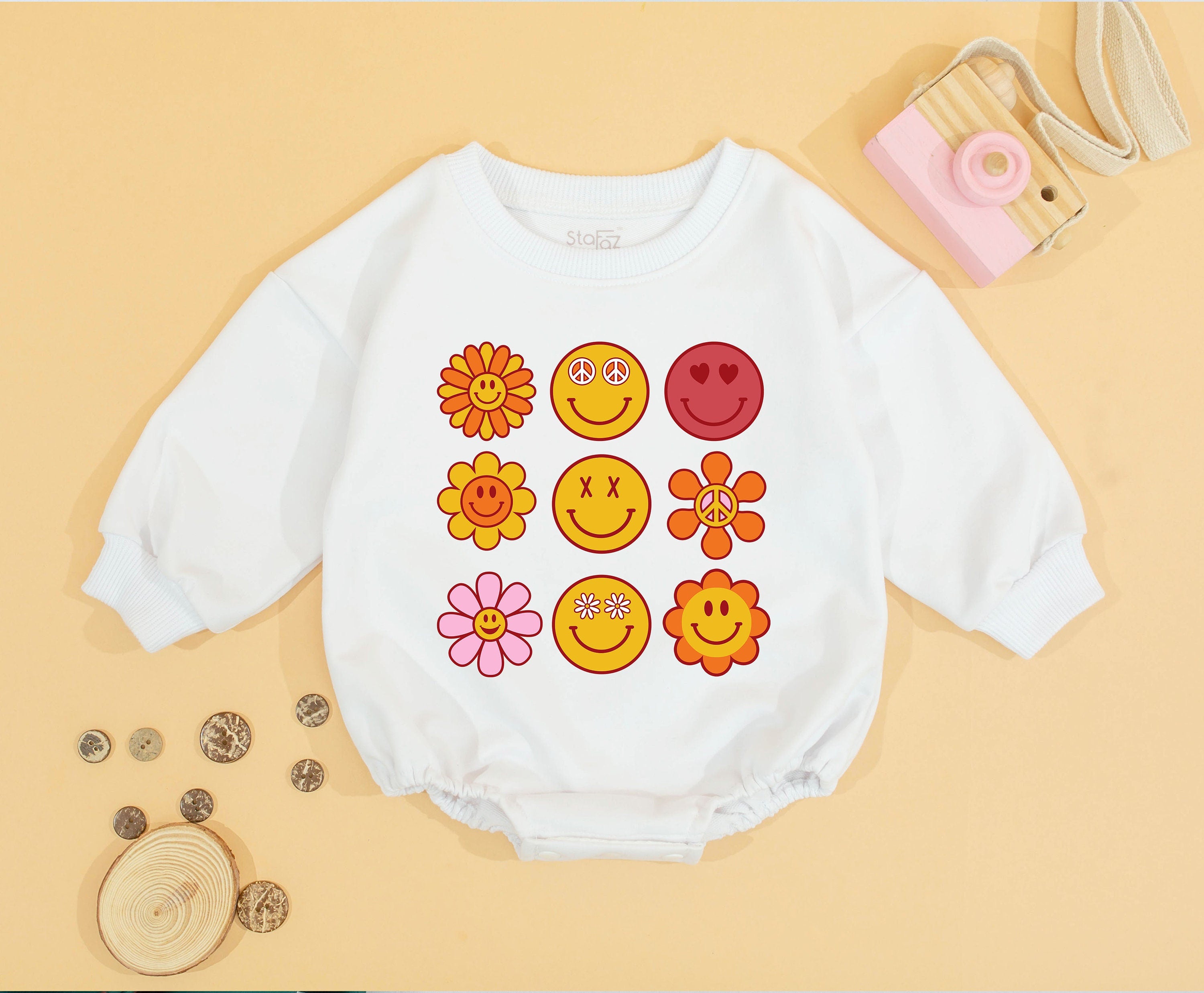 Groovy Smiley Face Romper for Baby Girls Retro Birthday Outfit Boho Style Playful Expressions Floral Heart Eyes Soft Comfortable Cotton