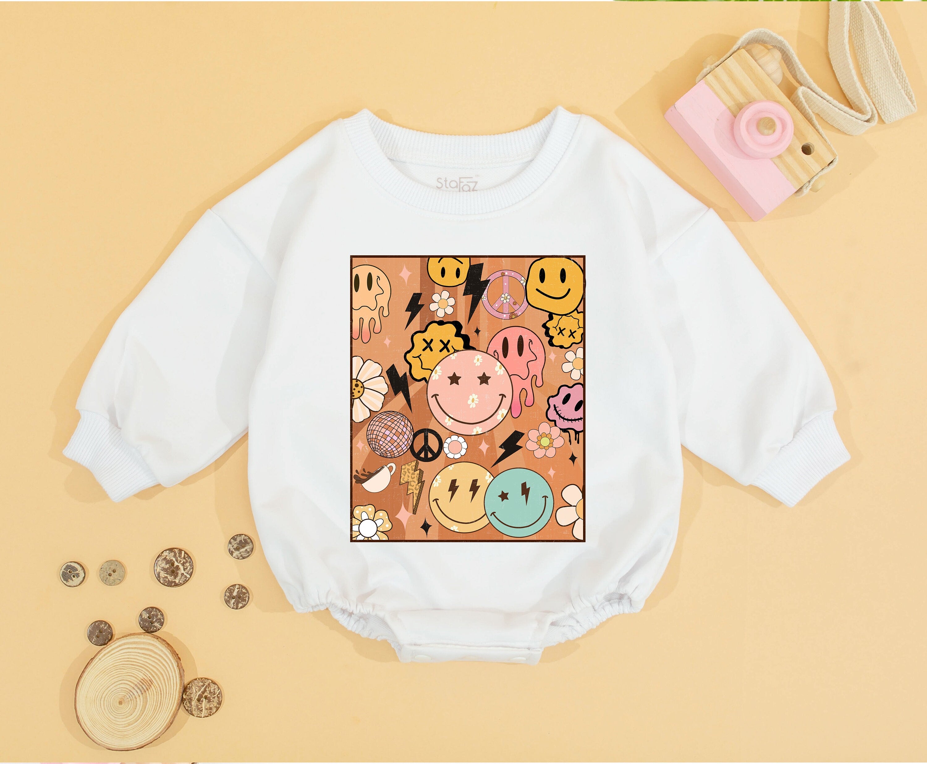 Groovy Smiley Face Baby Toddler Romper Colorful Retro 70s Pop Art Birthday Outfit for Girls Fun Vintage Party Clothes Comfortable Cotton