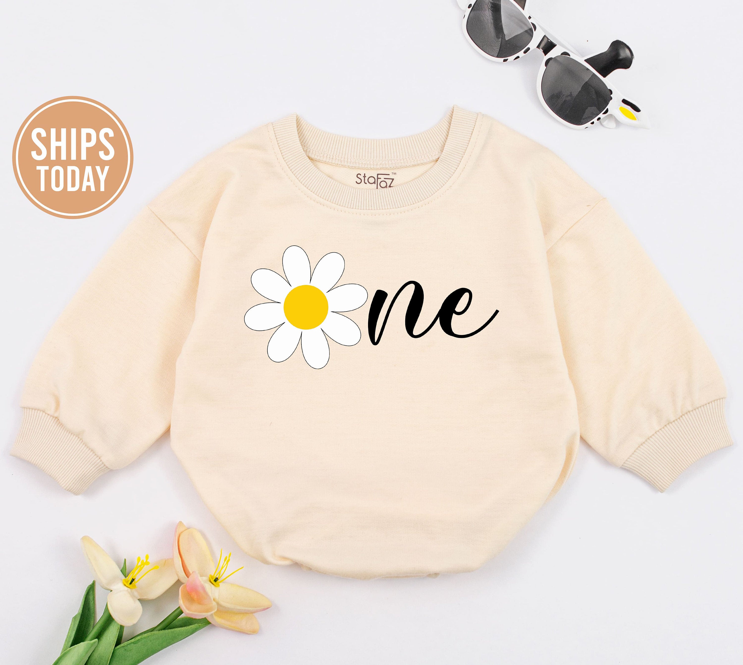 One Daisy Romper First Birthday Outfit for Baby Girl Soft Cotton Toddler Party Clothes Playful Cursive Text Fun Celebration Design
