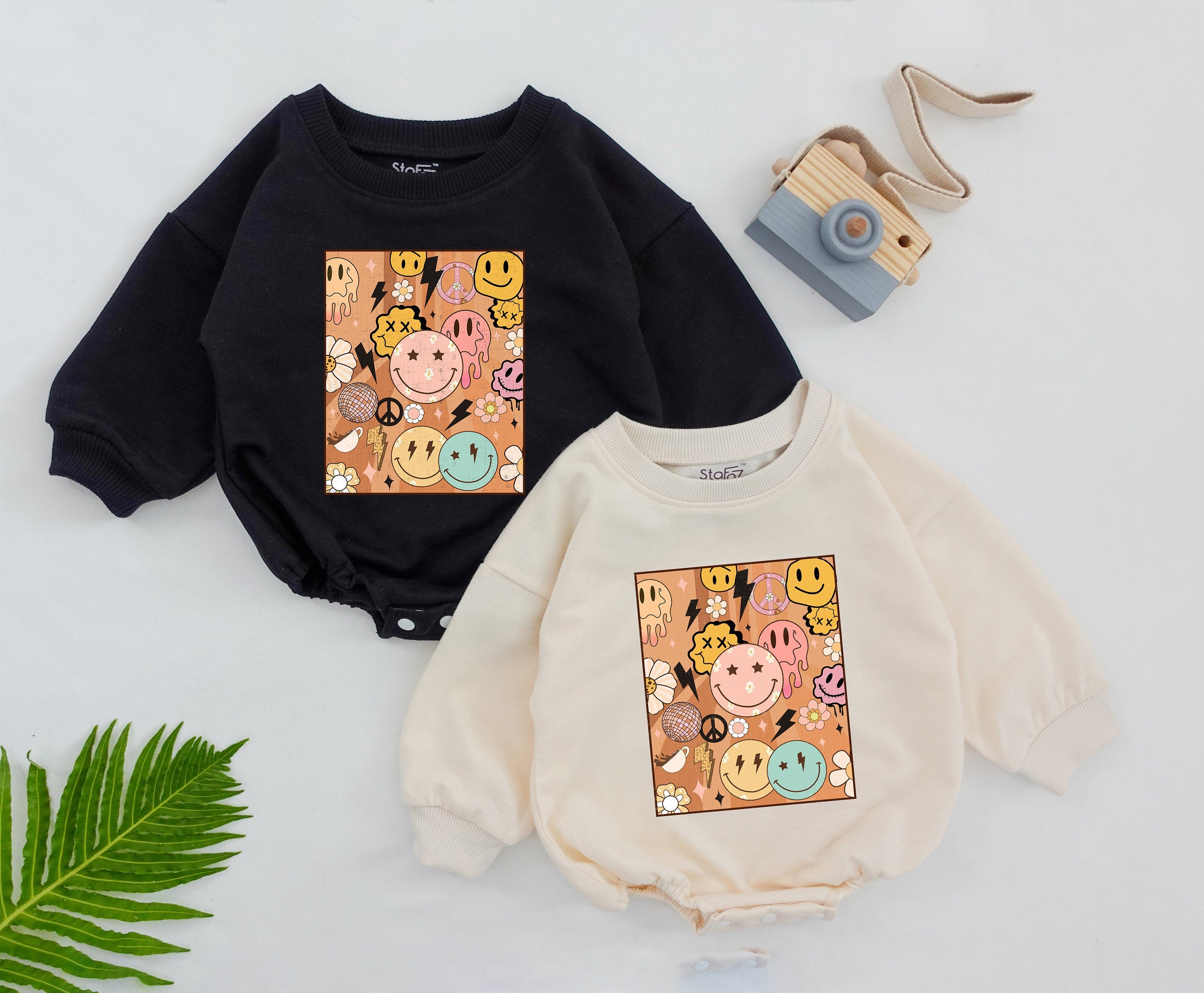 Groovy Smiley Face Baby Toddler Romper Colorful Retro 70s Pop Art Birthday Outfit for Girls Fun Vintage Party Clothes Comfortable Cotton