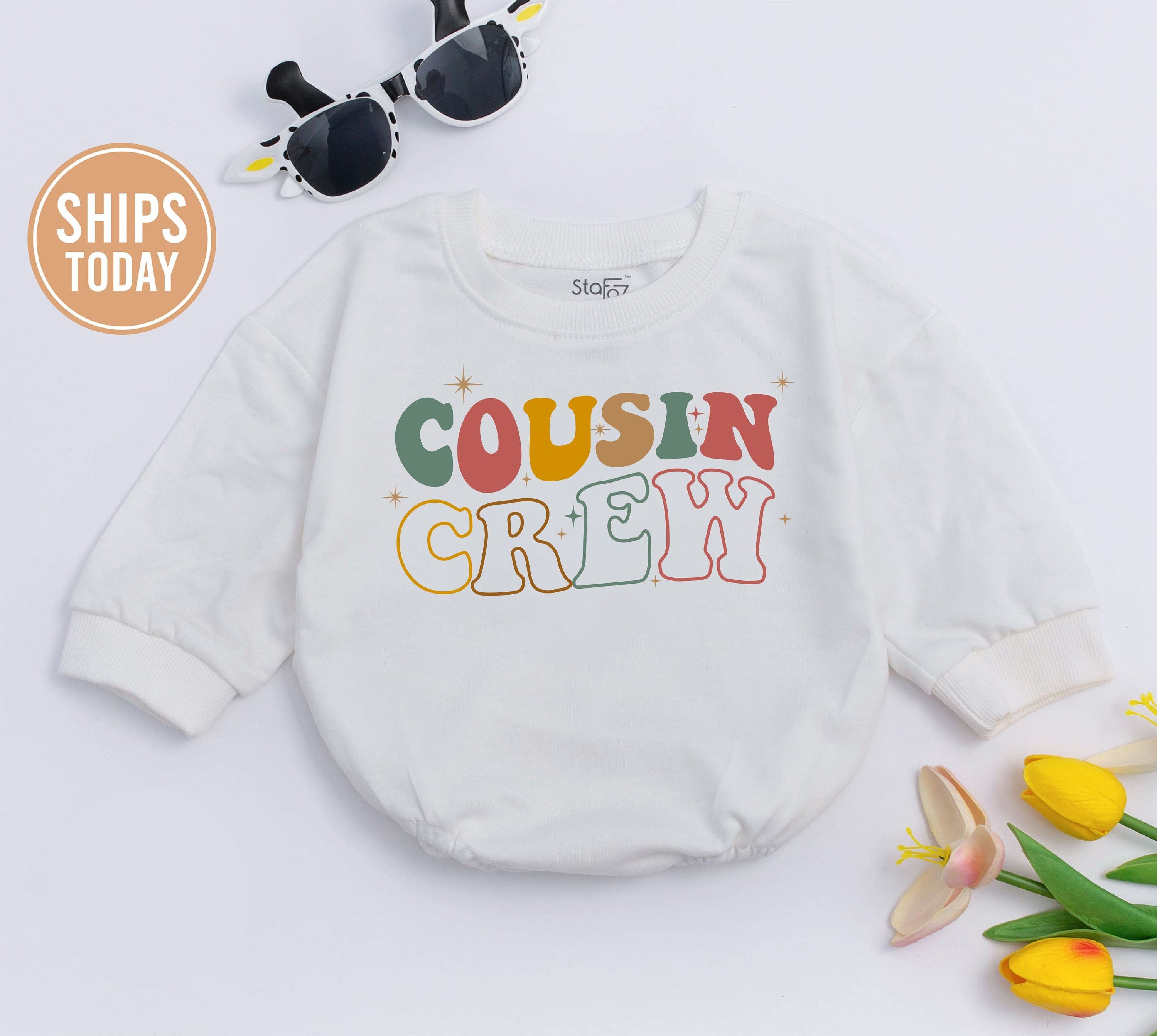 Groovy Cousin Crew Baby Romper with Retro 70s Font Design Colorful Family Matching Outfit for Reunions or Camping Trips Cute Gift