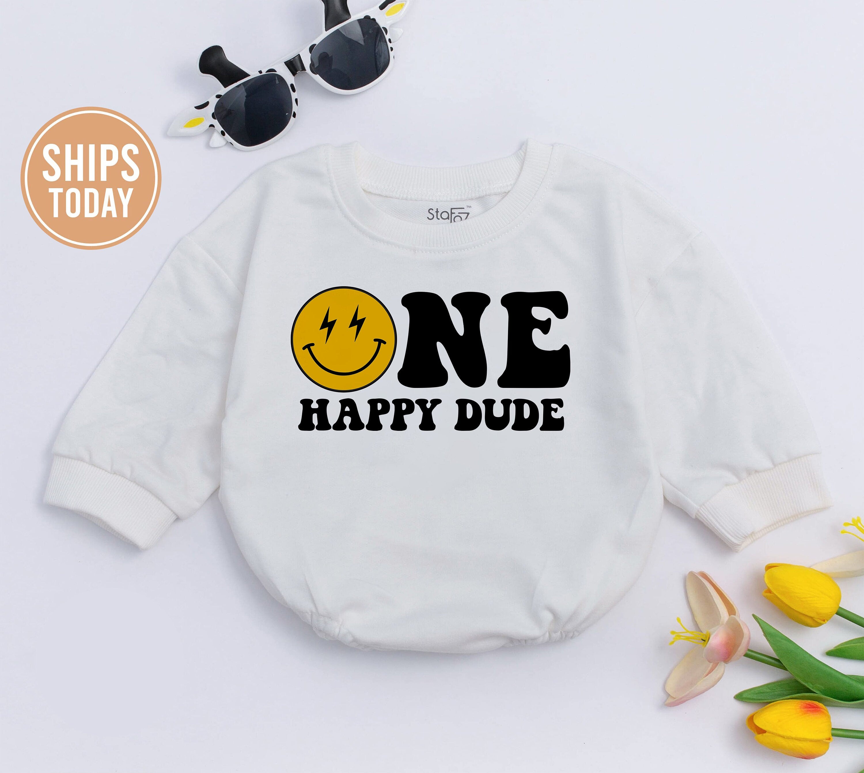 One Happy Dude Baby Romper First Birthday Outfit with Smiley Face Retro Lightning Bolt Design Soft Cotton Gift for Infant or Toddler