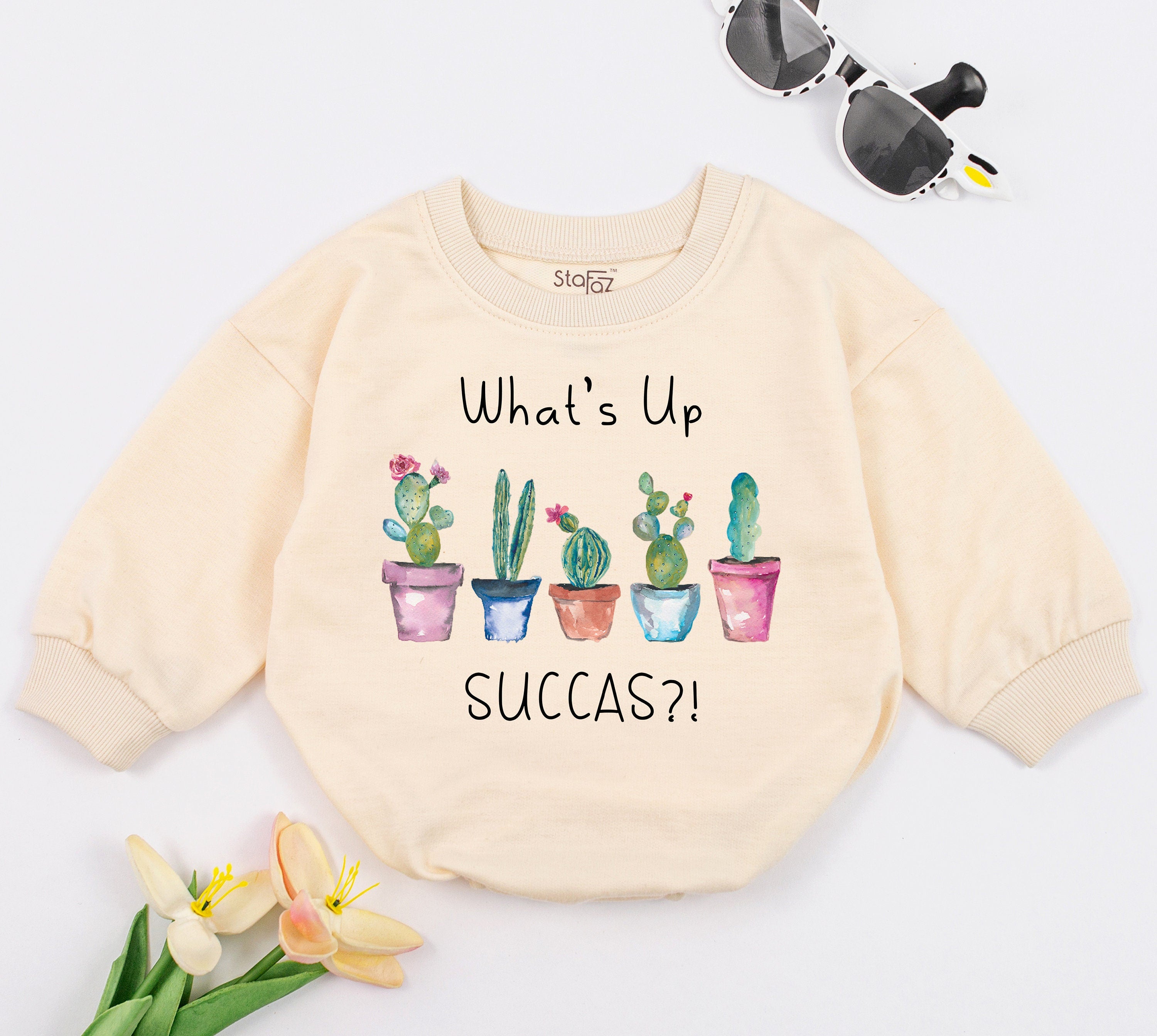 What's Up Succa Baby Romper with Colorful Cactus Design