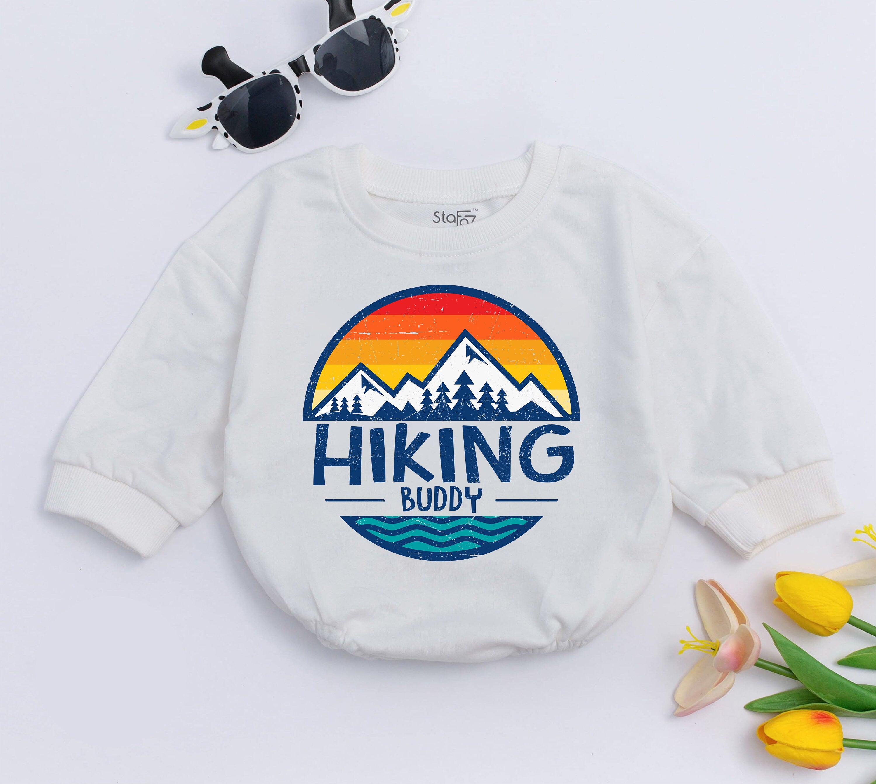 Hiking Buddy Baby Romper with Sunset Mountain Design Adventure Infant Outfit Camping Bodysuit Soft Cotton Retro Style Birthday Gift