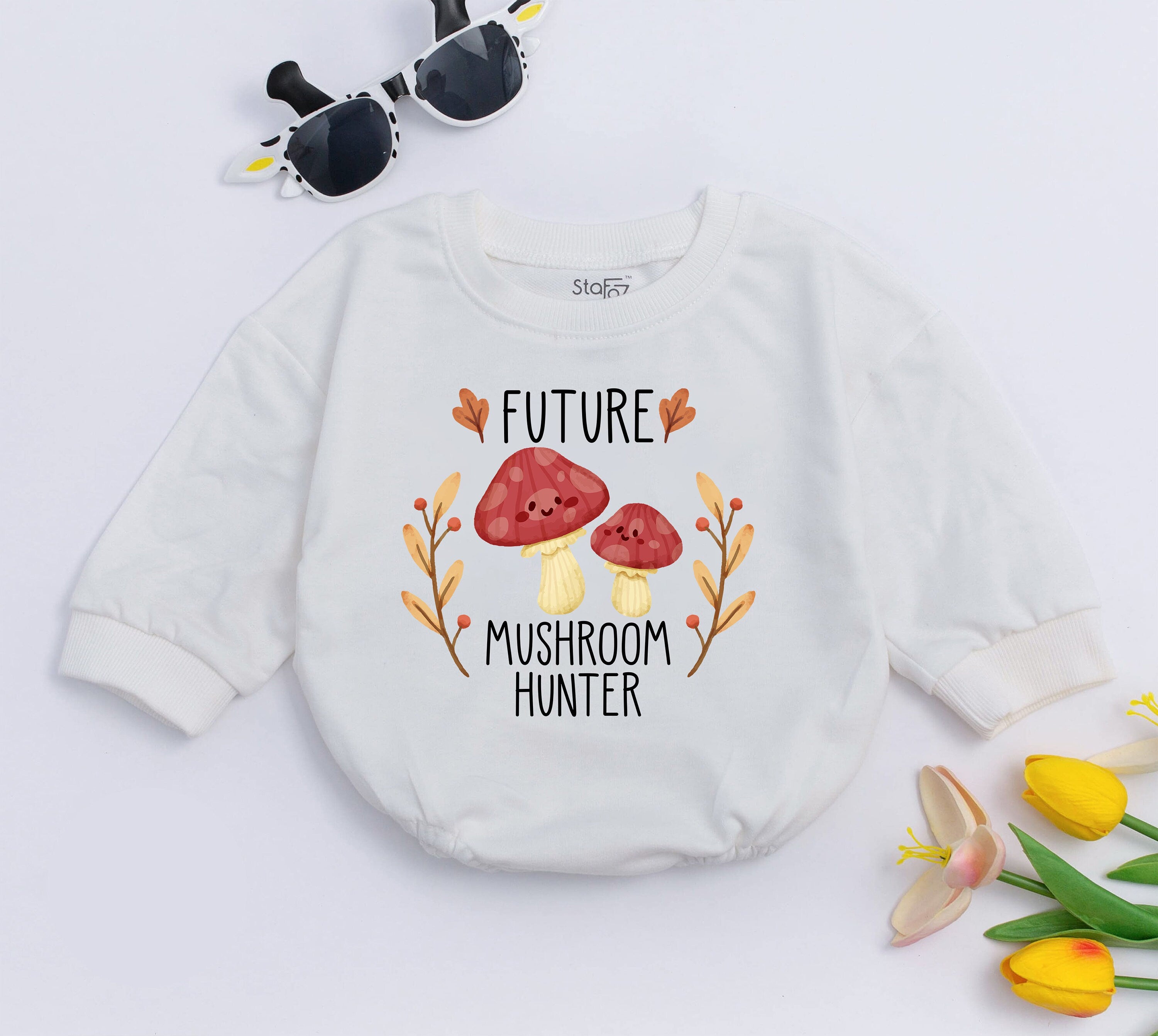 Future Mushroom Hunter Baby Bodysuit with Red Caps and Beige Stems Cozy Nature Outfit Infant Gift Soft Adventure Clothes for Baby Shower